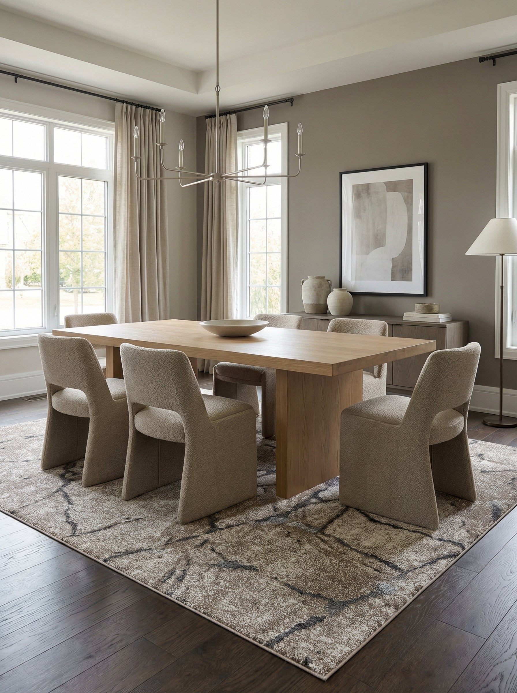 Tapis rectangulaire beige et taupe clair avec des motifs abstraits anguleux gris foncé, au sol d'une salle à manger moderne