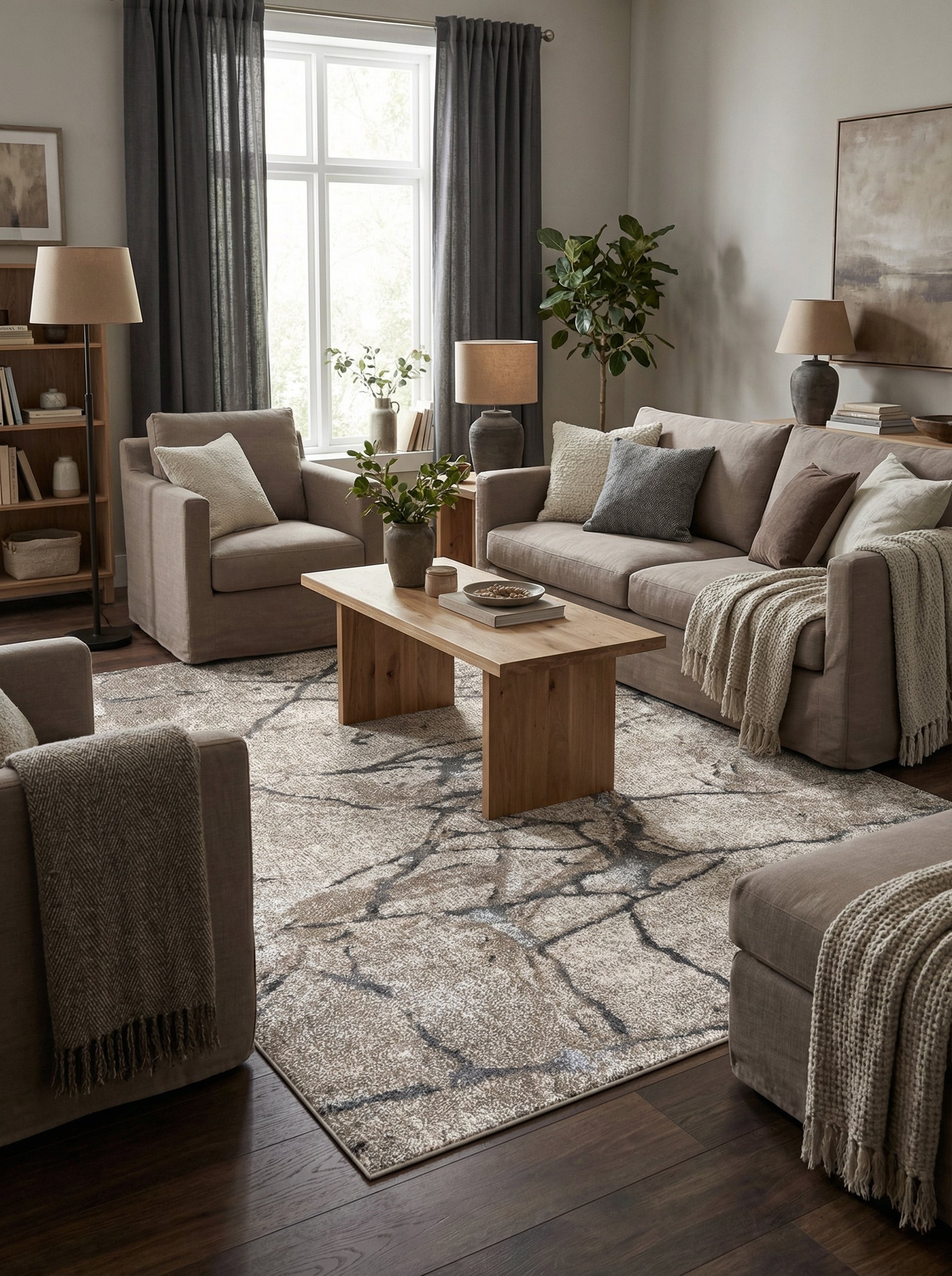 Tapis rectangulaire beige-crème avec des motifs abstraits de veines grises et marron, posé dans un salon contemporain