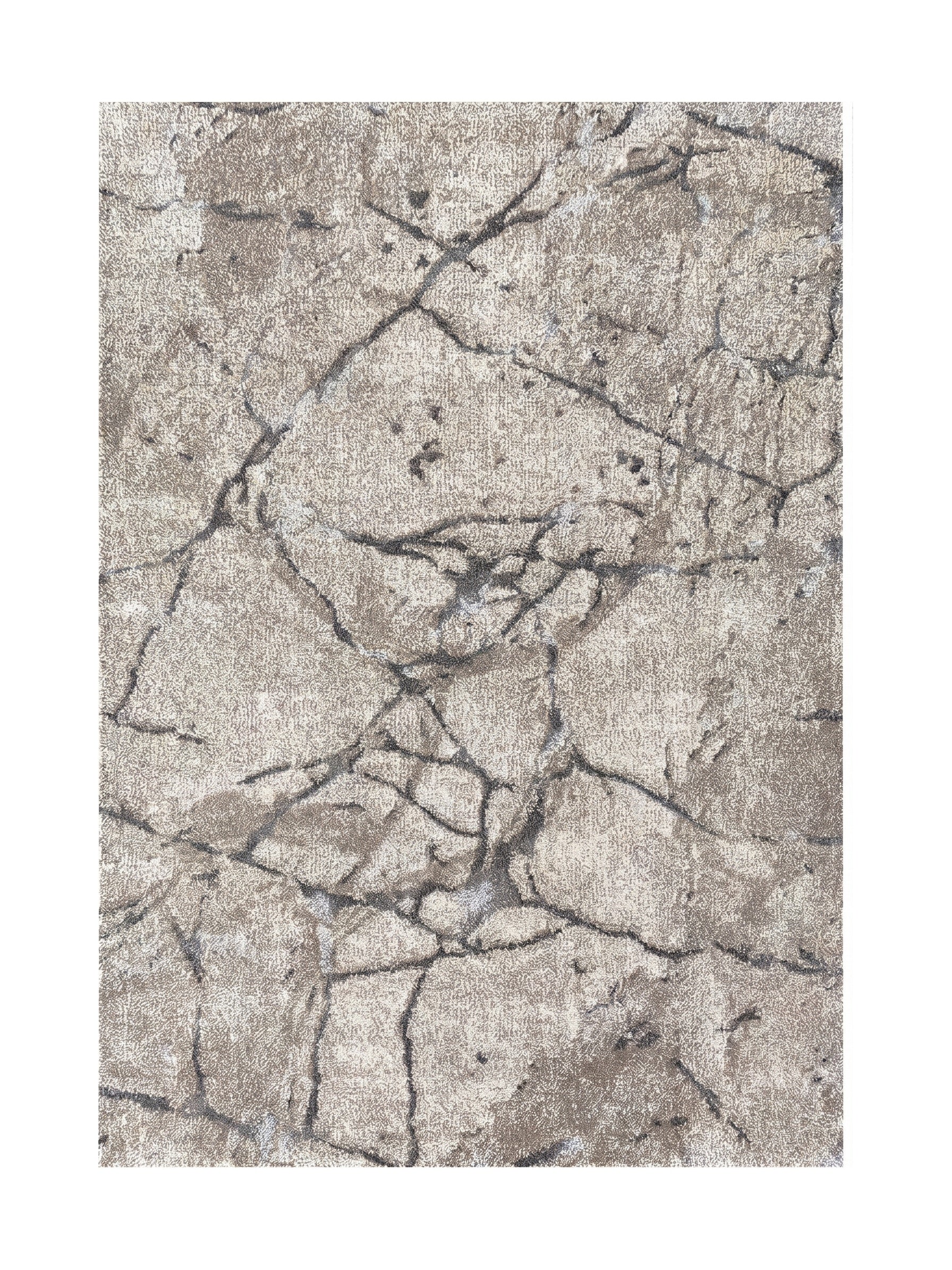 Tapis texturé aux teintes beiges, blanches et marron, avec un motif de lignes sombres irrégulières