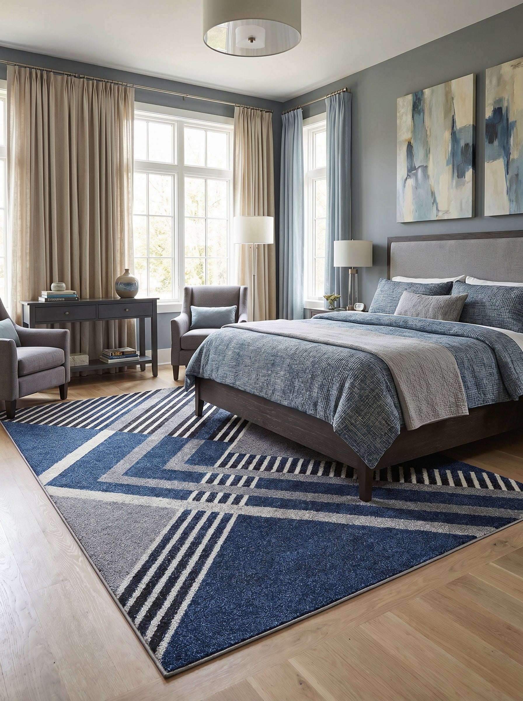 Tapis rectangulaire à motifs géométriques bleus, gris, blancs et noirs sur un sol en bois clair dans une chambre moderne