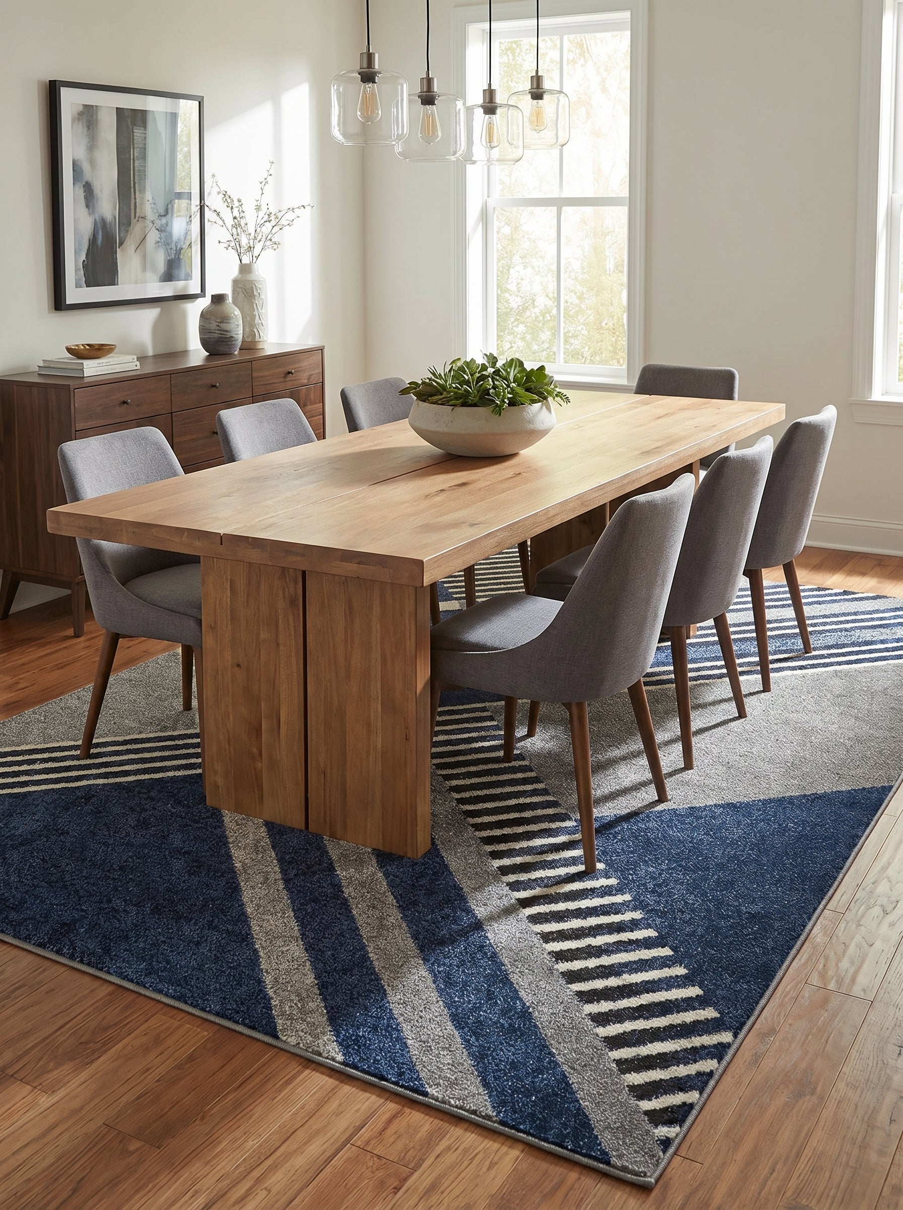 Tapis rectangulaire à motifs géométriques bleu marine et gris, avec des bandes diagonales et de fines rayures, posé dans une salle à manger