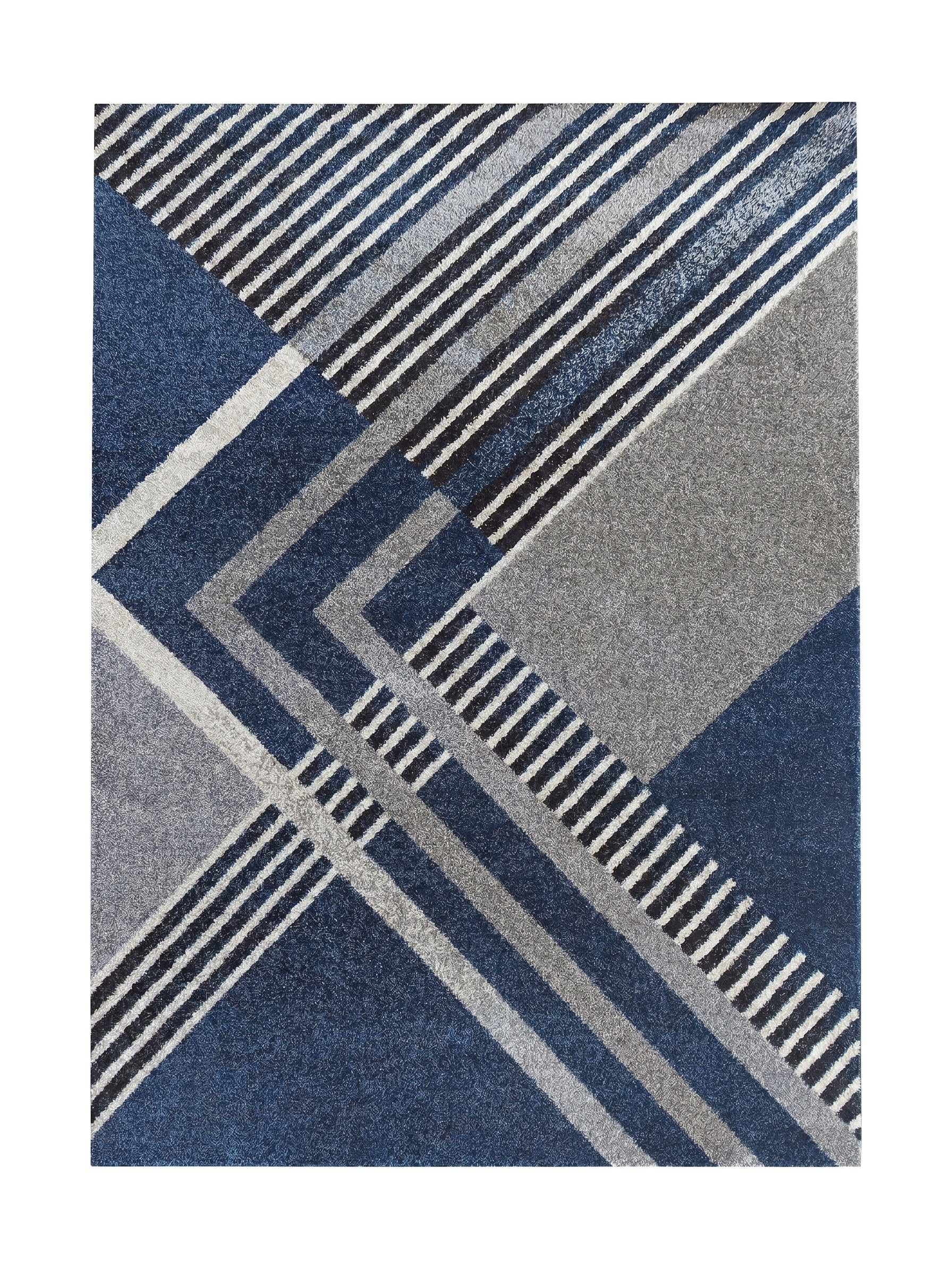 Tapis moderne en fibres douces affichant un design géométrique abstrait en bleu marine, gris clair, blanc et noir