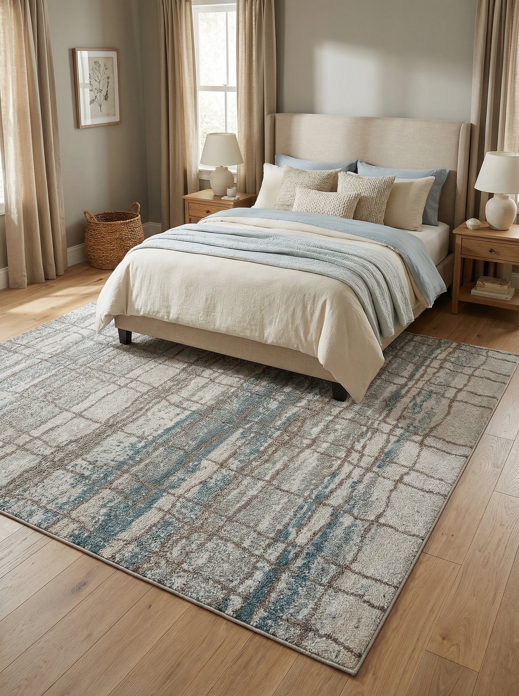 Tapis rectangulaire à poils courts, aux teintes de gris, beige et bleu avec motifs abstraits et lignes irrégulières, dans une chambre à coucher