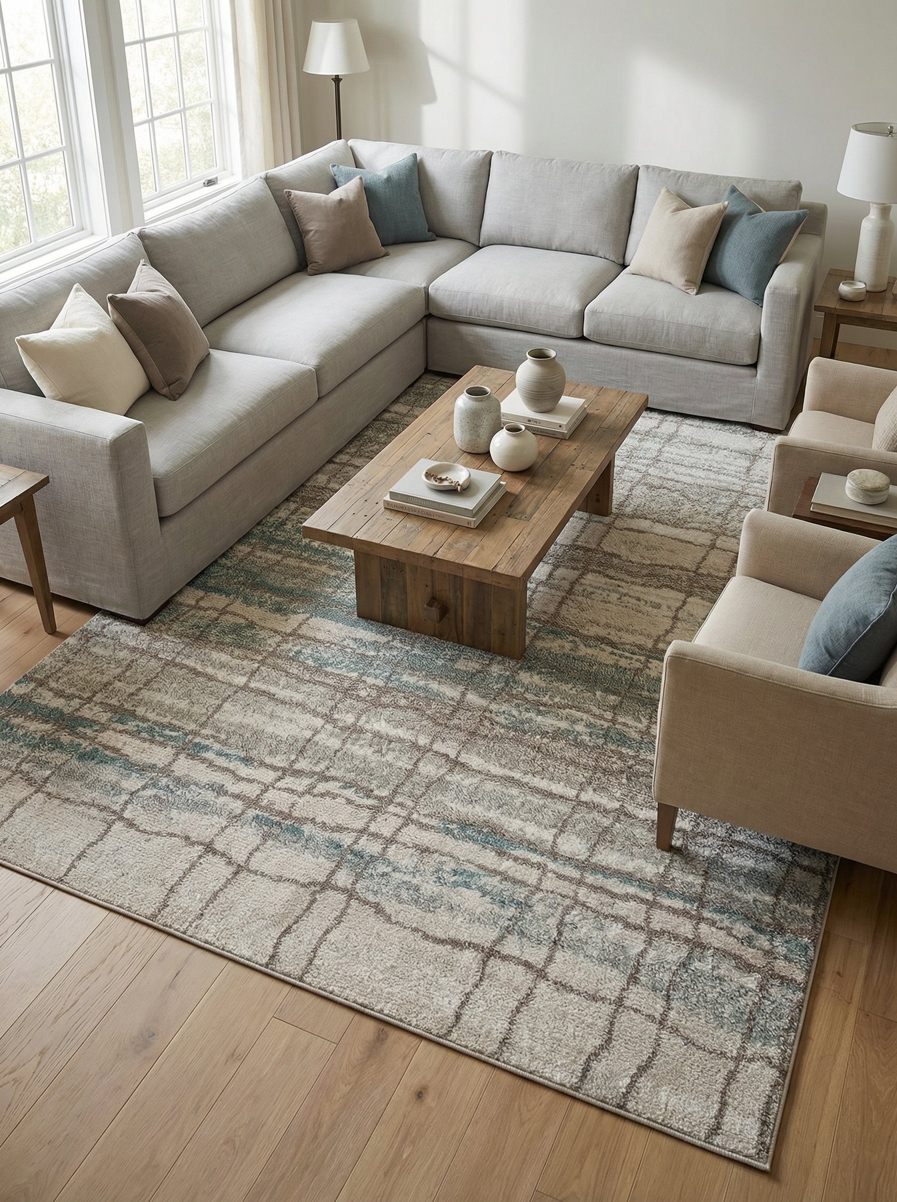 Tapis rectangulaire beige clair à motifs abstraits de lignes gris-brun et de touches bleu-vert Il est posé sur un parquet dans un salon lumineux