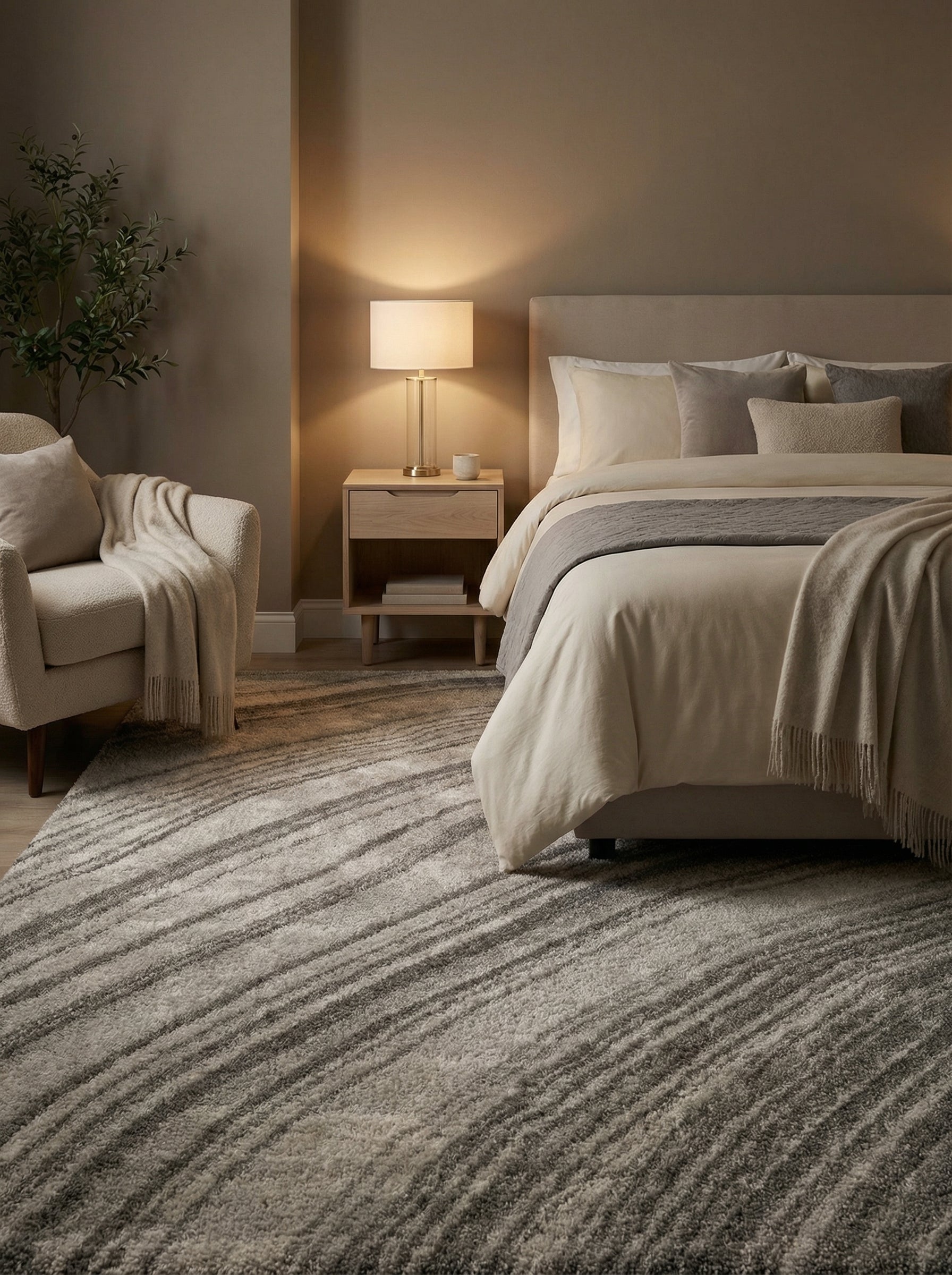 Tapis épais et moelleux aux motifs de rayures diagonales ondulées gris clair et foncé dans une chambre à coucher chaleureuse