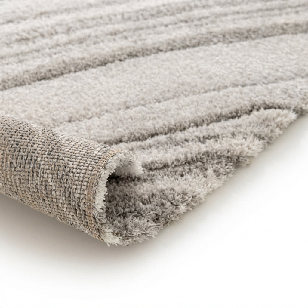 Tapis gris clair à poils longs avec des rayures, un coin est roulé révélant le dessous tissé