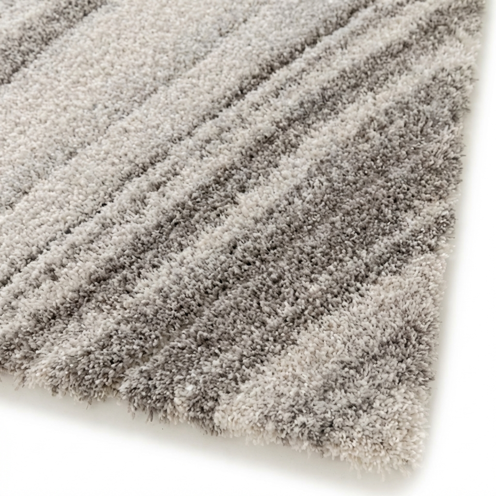 Tapis moelleux à poils longs avec des rayures diagonales en dégradé de gris clair, gris foncé et blanc crème