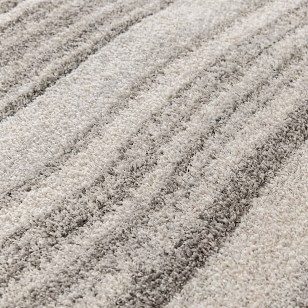 Tapis doux à poils longs avec des rayures obliques dans des tons de gris clair et foncé