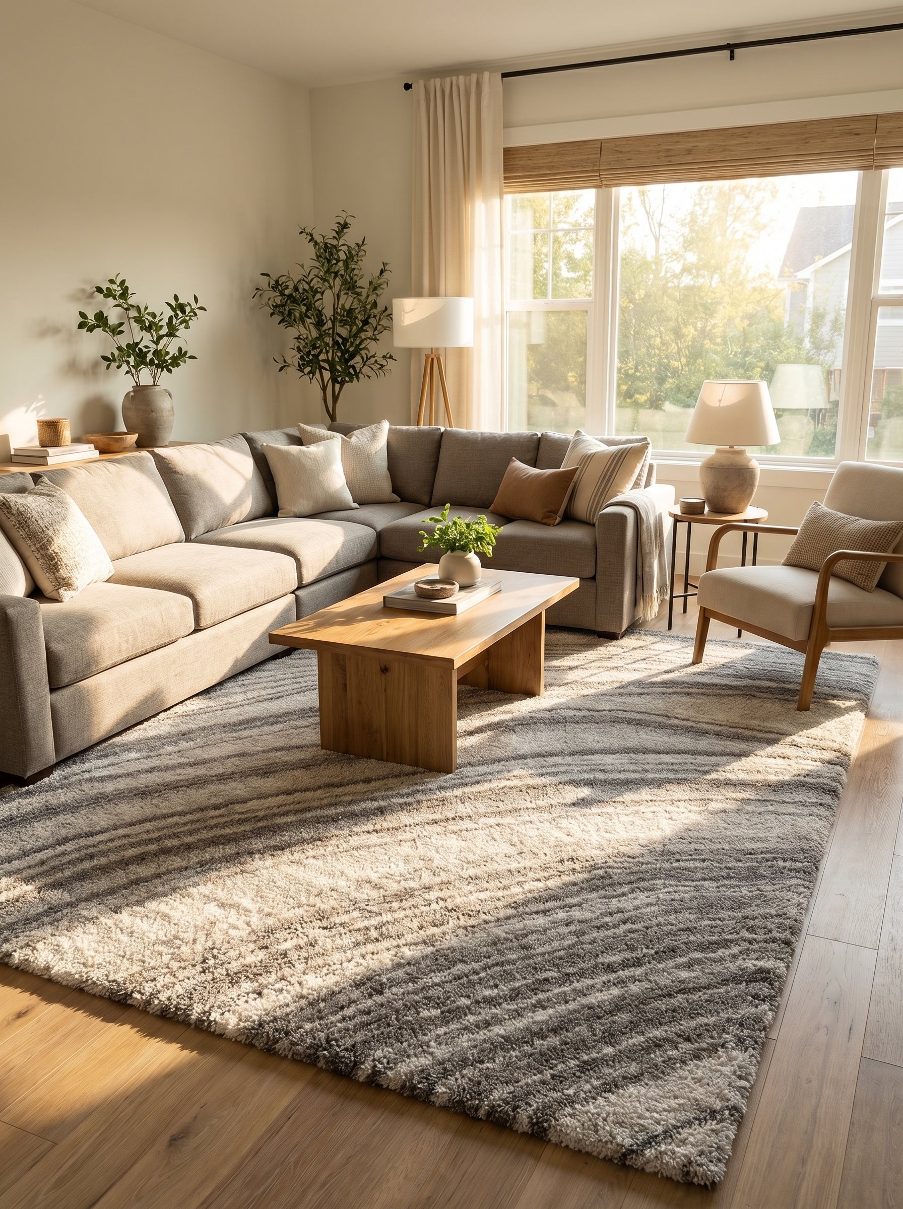 Grand tapis rectangulaire shaggy beige et gris avec des motifs de vagues irrégulières, posé sur un parquet clair dans un salon