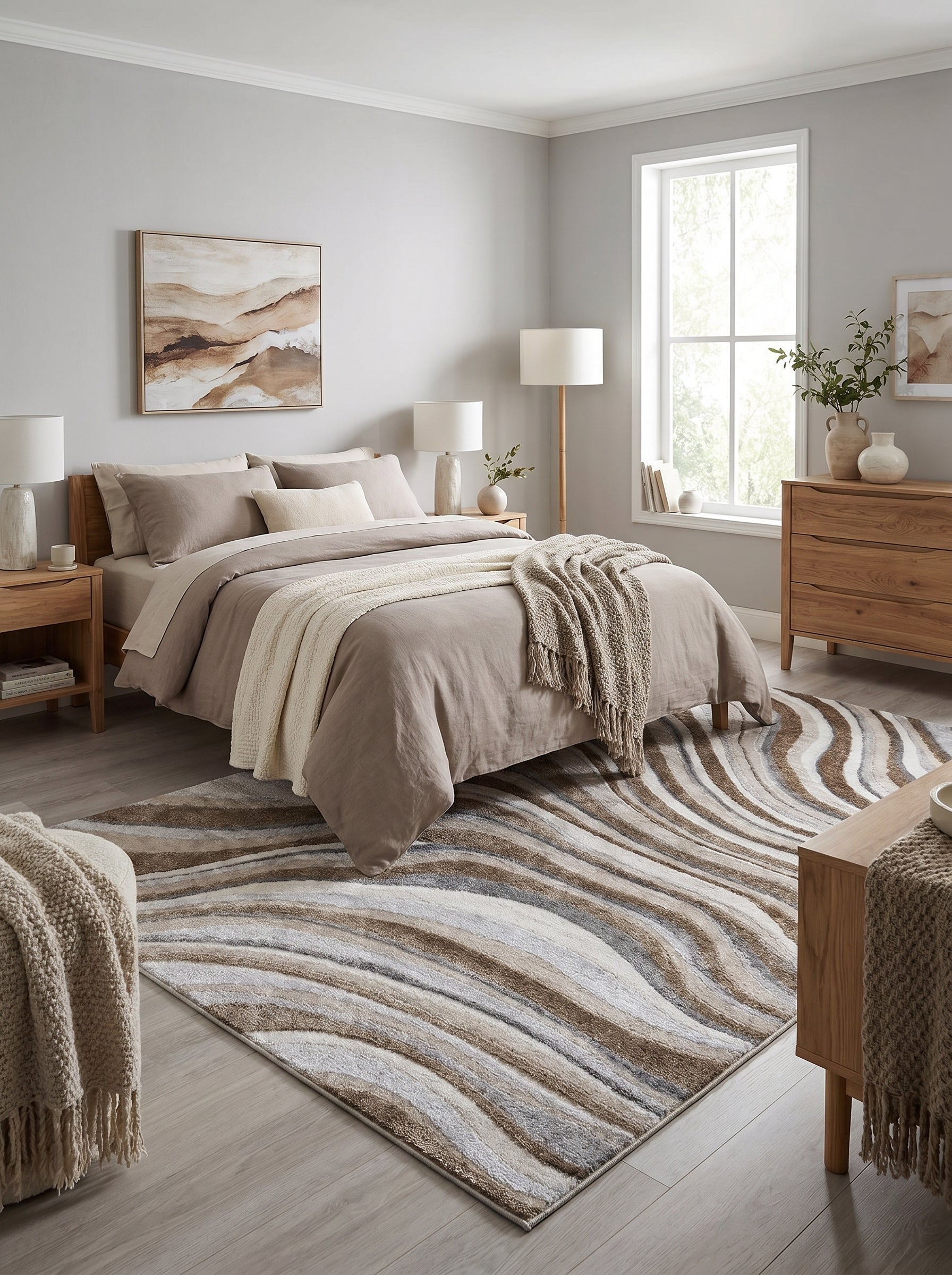 Tapis rectangulaire texturé aux motifs ondulés marron, beige, gris et blanc dans une chambre moderne