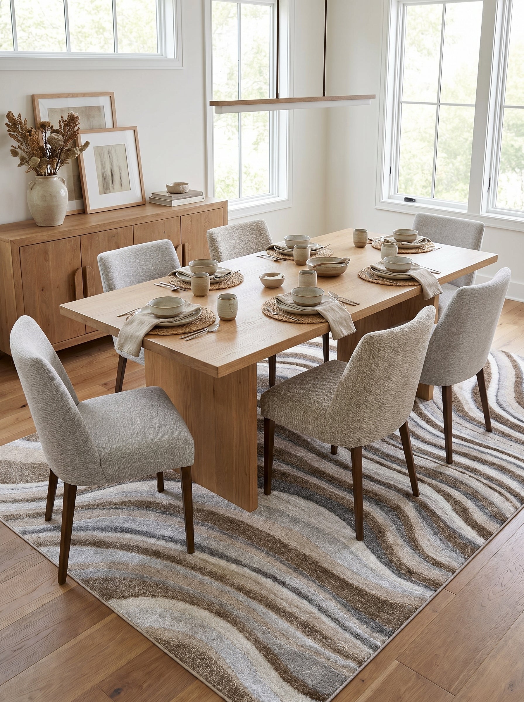 Tapis rectangulaire texturé aux motifs ondulés marron, gris clair et beige, dans une salle à manger lumineuse