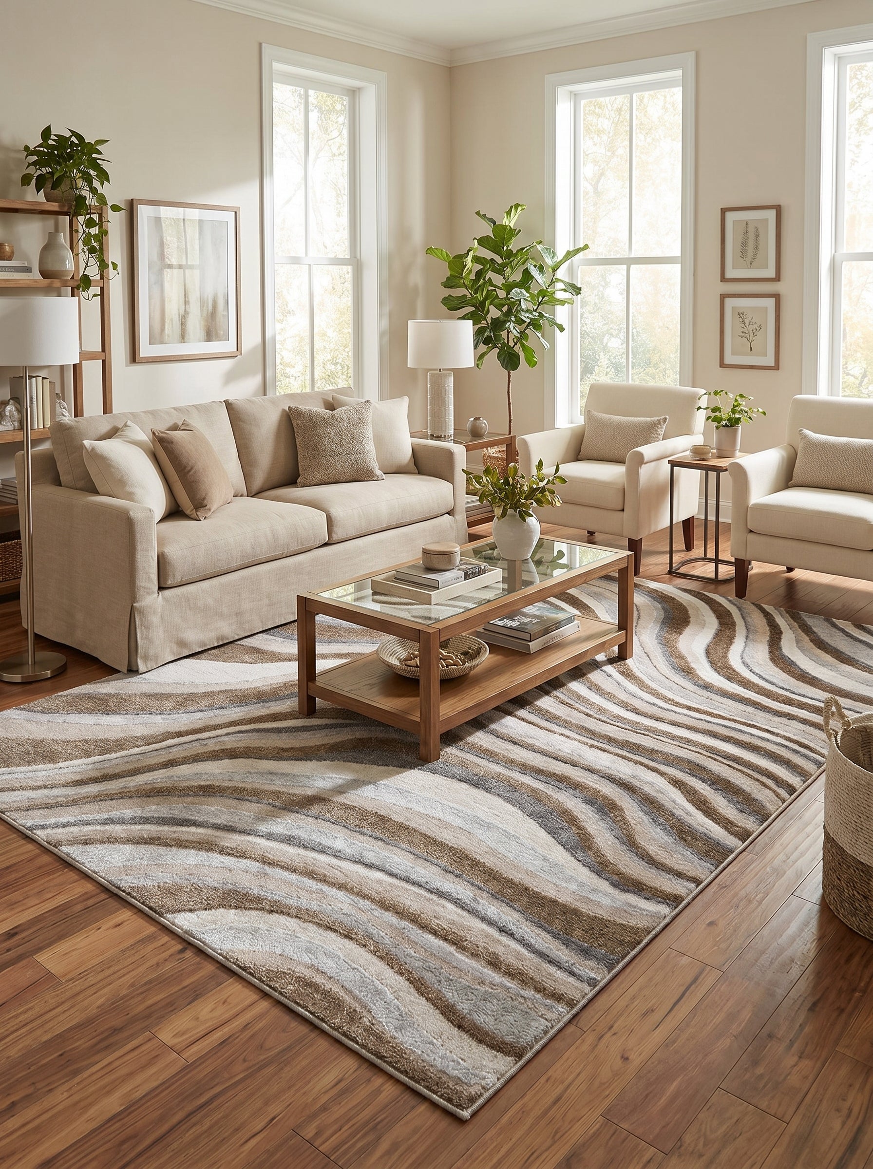 Tapis rectangulaire aux rayures ondulées dans des tons de marron, beige, gris et crème, posé sur un parquet dans un salon
