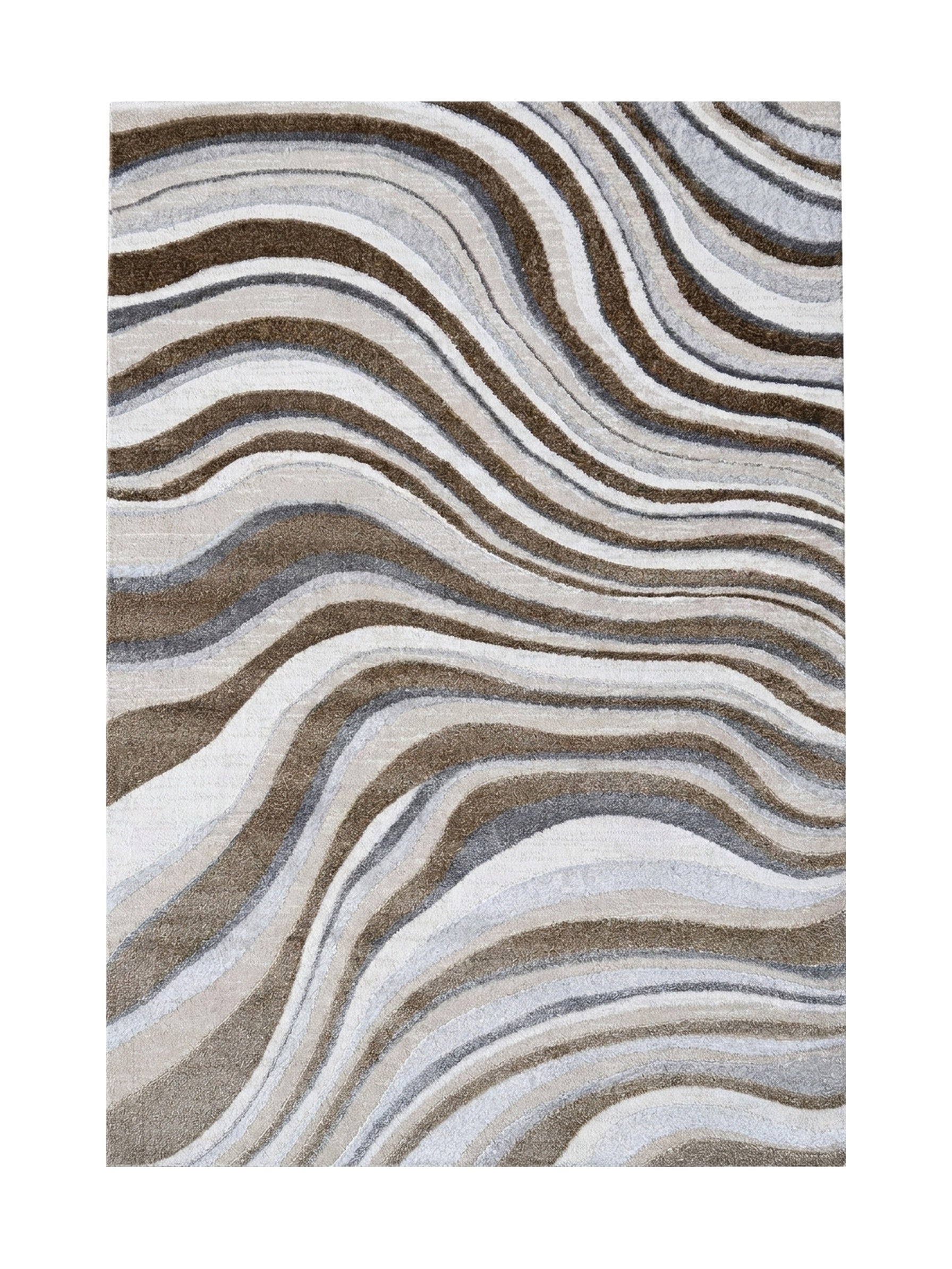 Tapis à motifs ondulés et abstraits en différentes nuances de marron, beige, blanc et gris, avec une texture douce et touffue