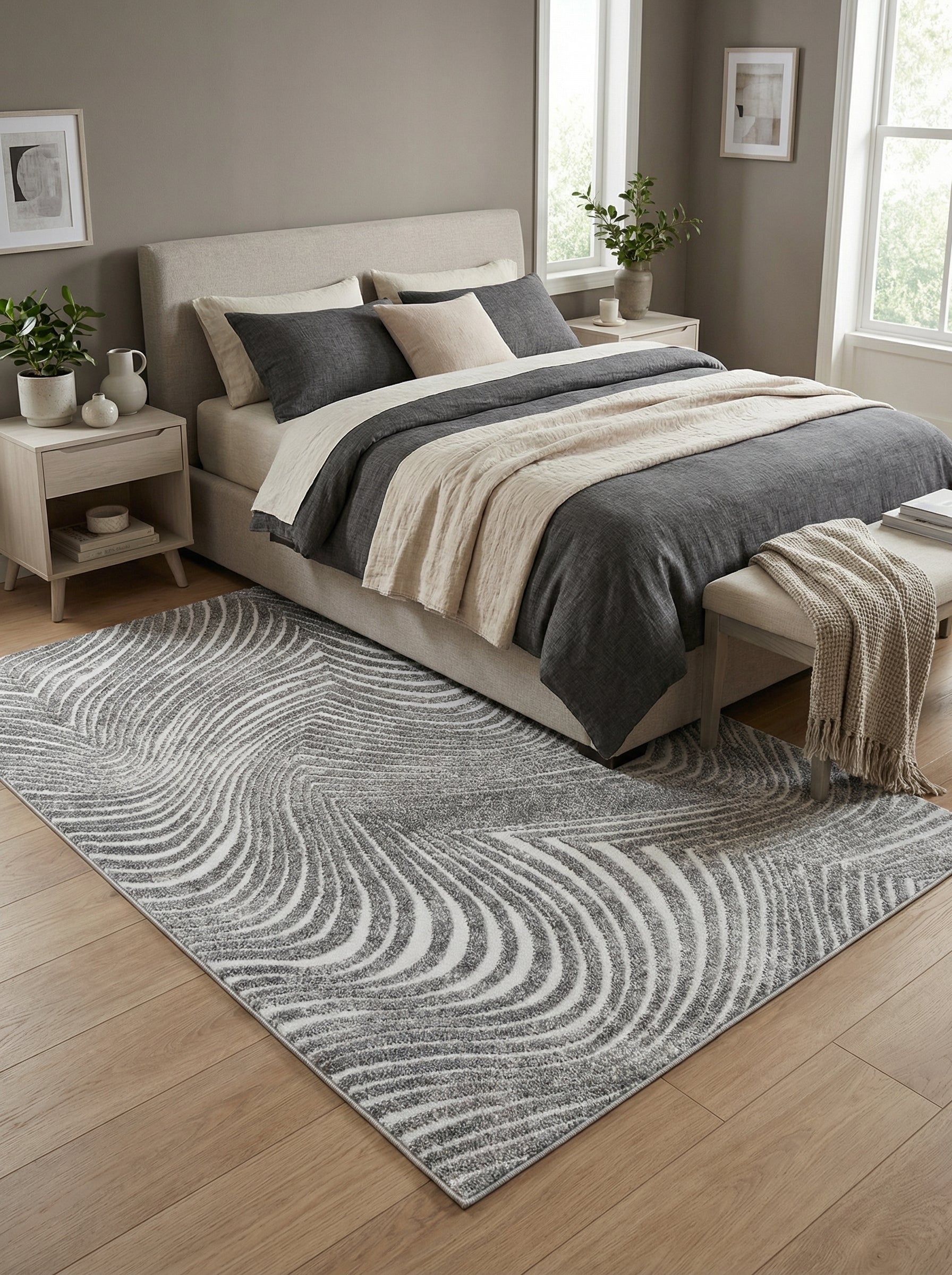 Tapis rectangulaire texturé gris et blanc aux motifs abstraits d'ondes et de chevrons sur plancher, dans une chambre moderne
