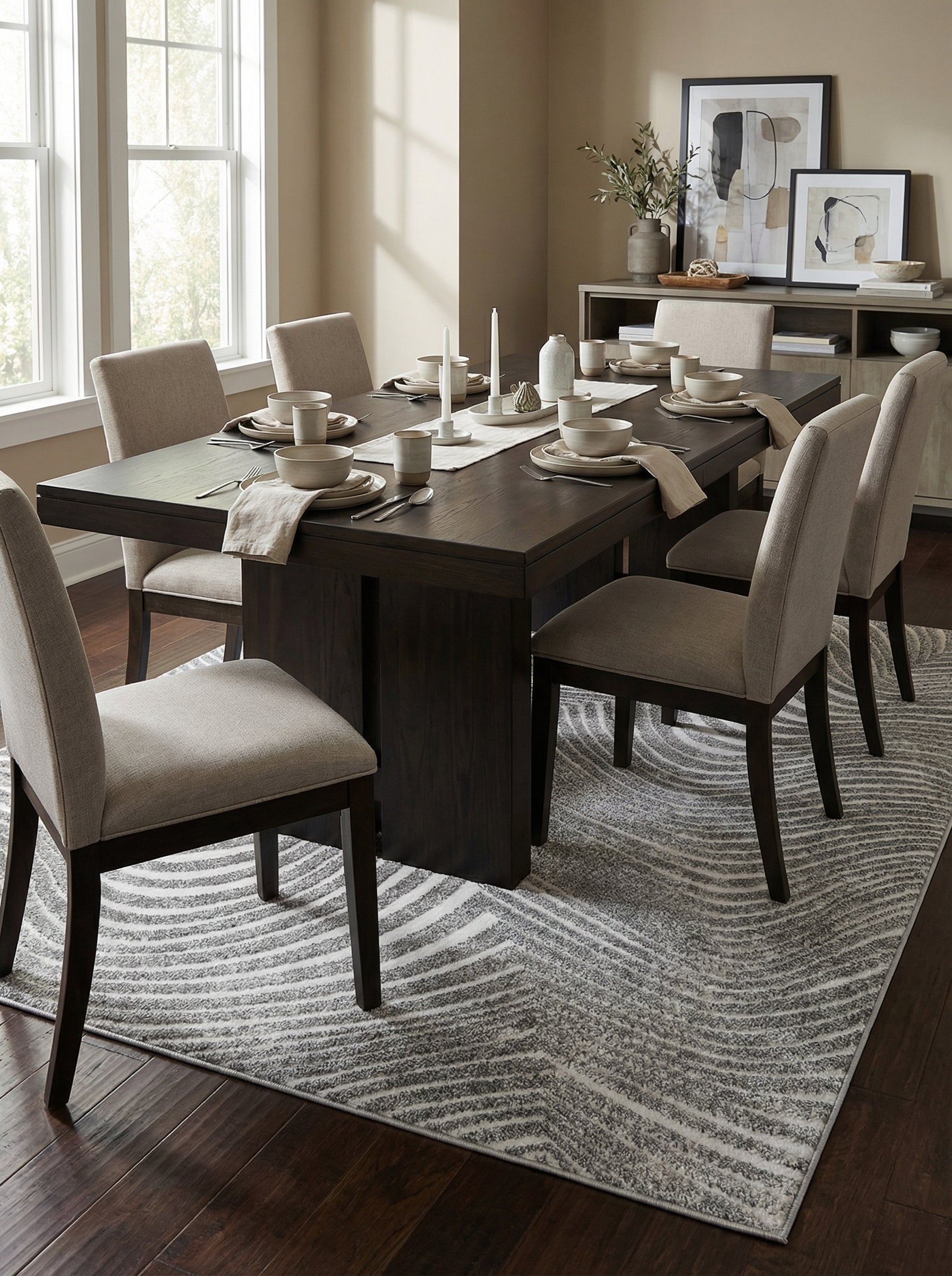 Tapis rectangulaire gris et blanc aux rayures abstraites et ondulées, posé sous une table de salle à manger moderne