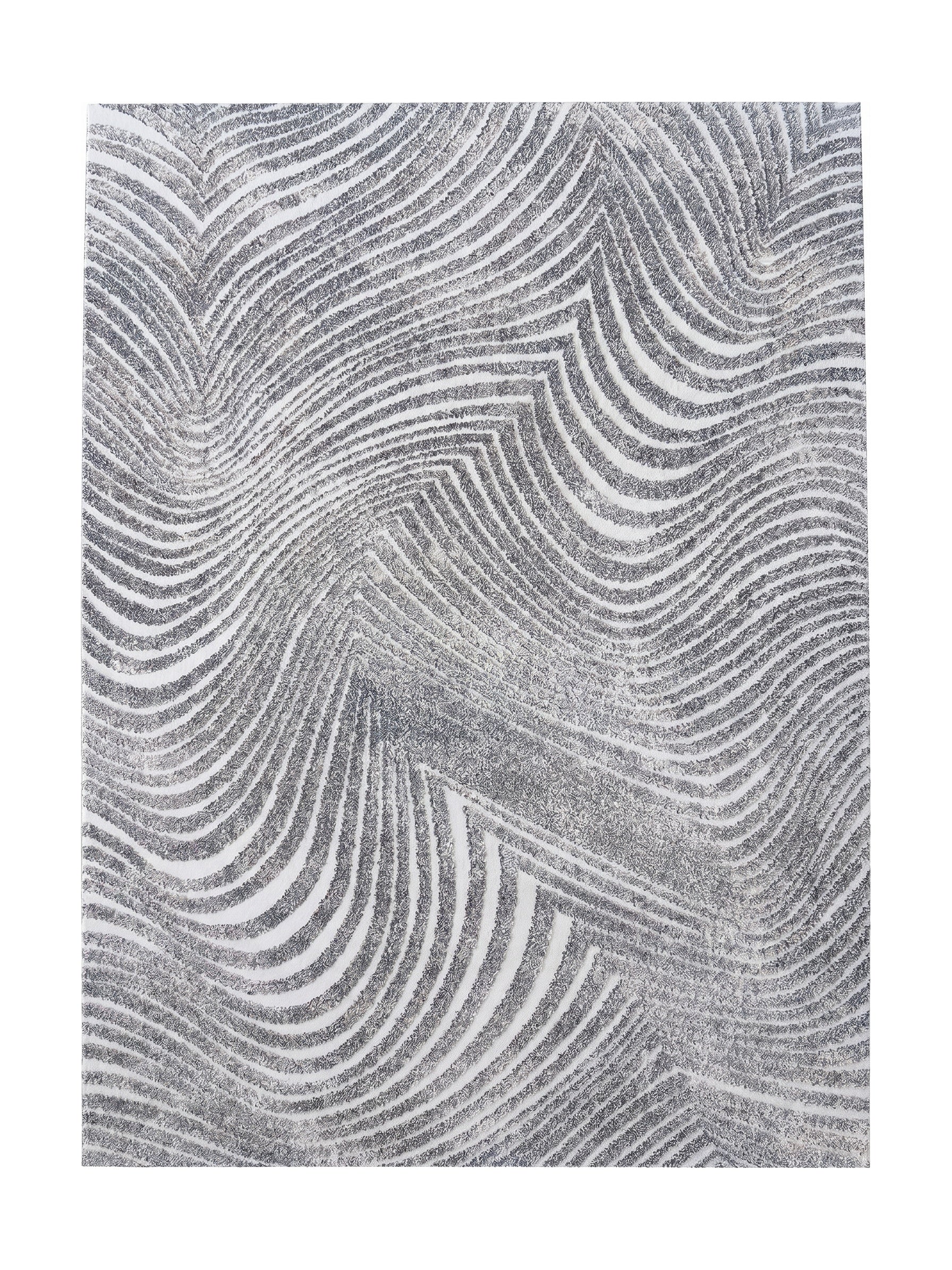 Tapis rectangulaire gris et blanc aux lignes ondulées texturées contrastantes
