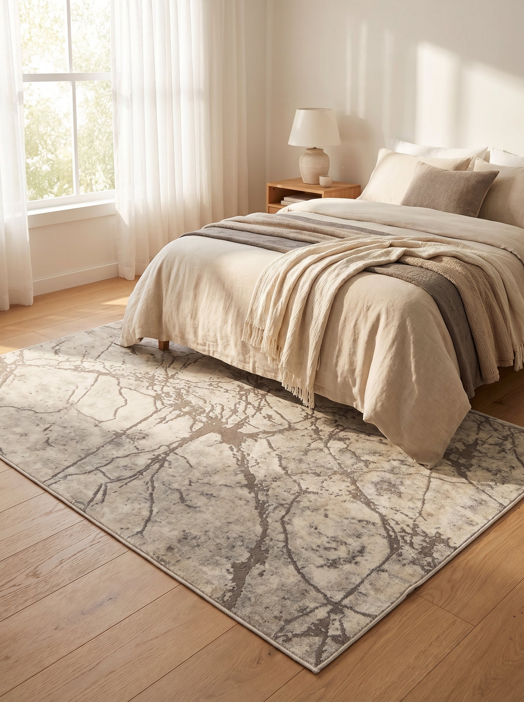 Tapis rectangulaire beige clair aux motifs abstraits gris foncé évoquant des branches, posé sur un parquet en bois dans une chambre lumineuse