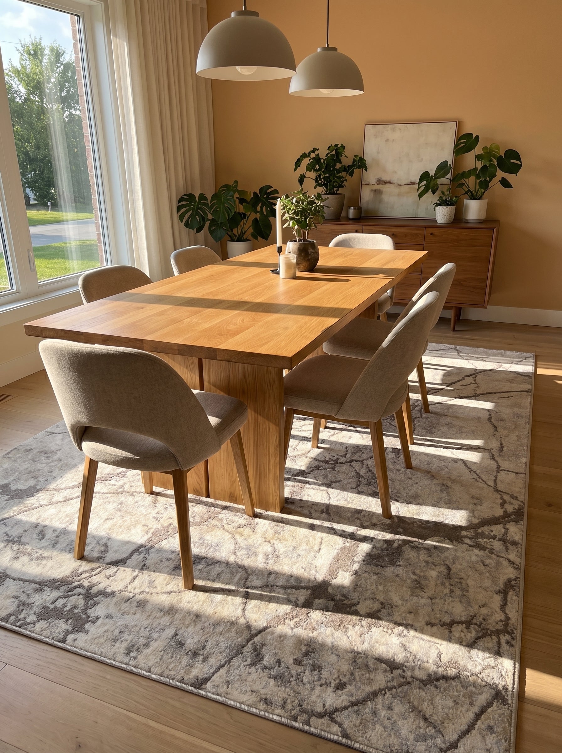Tapis rectangulaire en fibres douces beige clair et gris foncé avec motifs abstraits effet craquelé ou marbré, posé sous une table de salle à manger