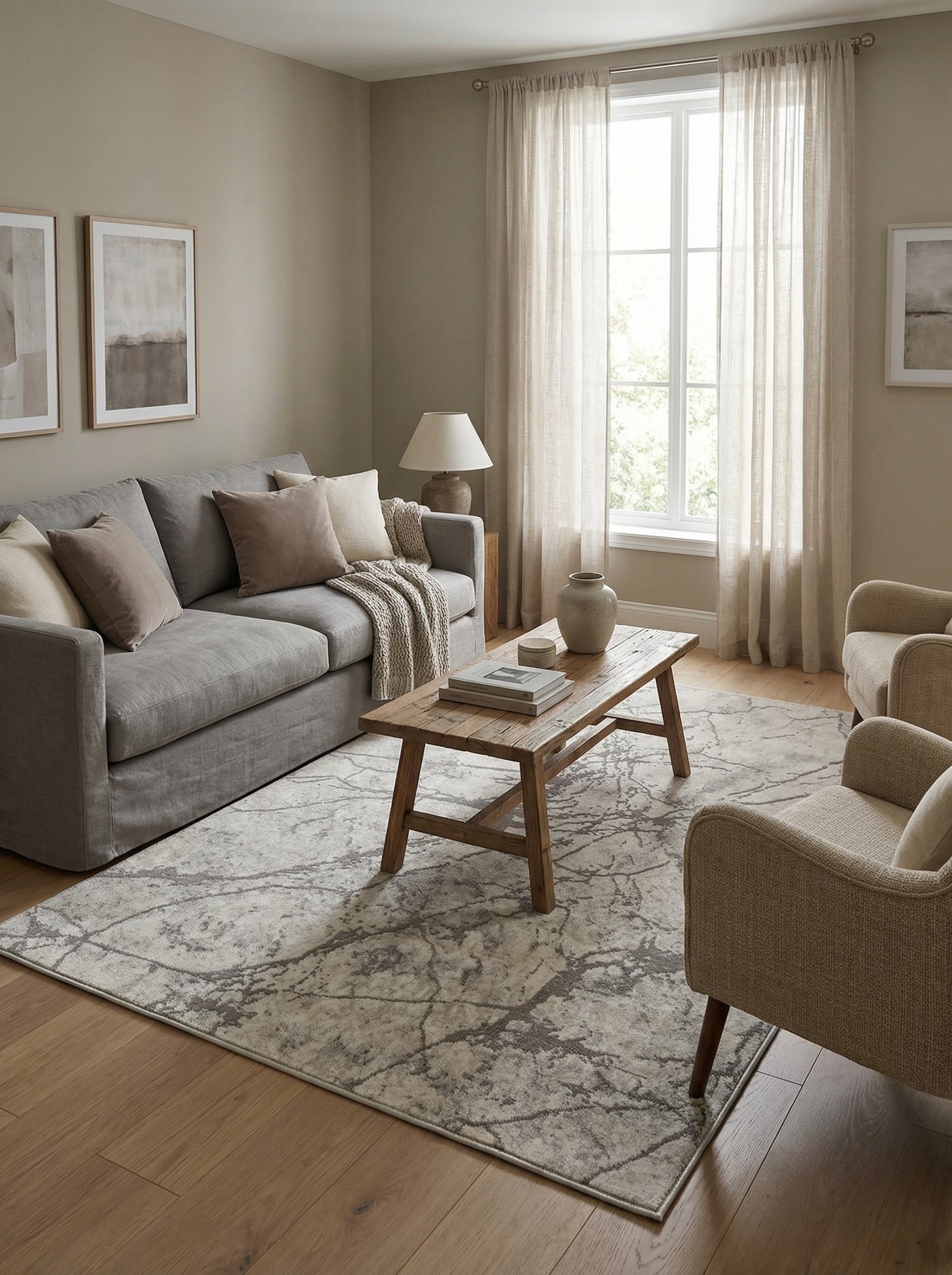Tapis rectangulaire beige clair aux motifs marbrés gris abstraits, recouvrant le parquet d'un salon moderne