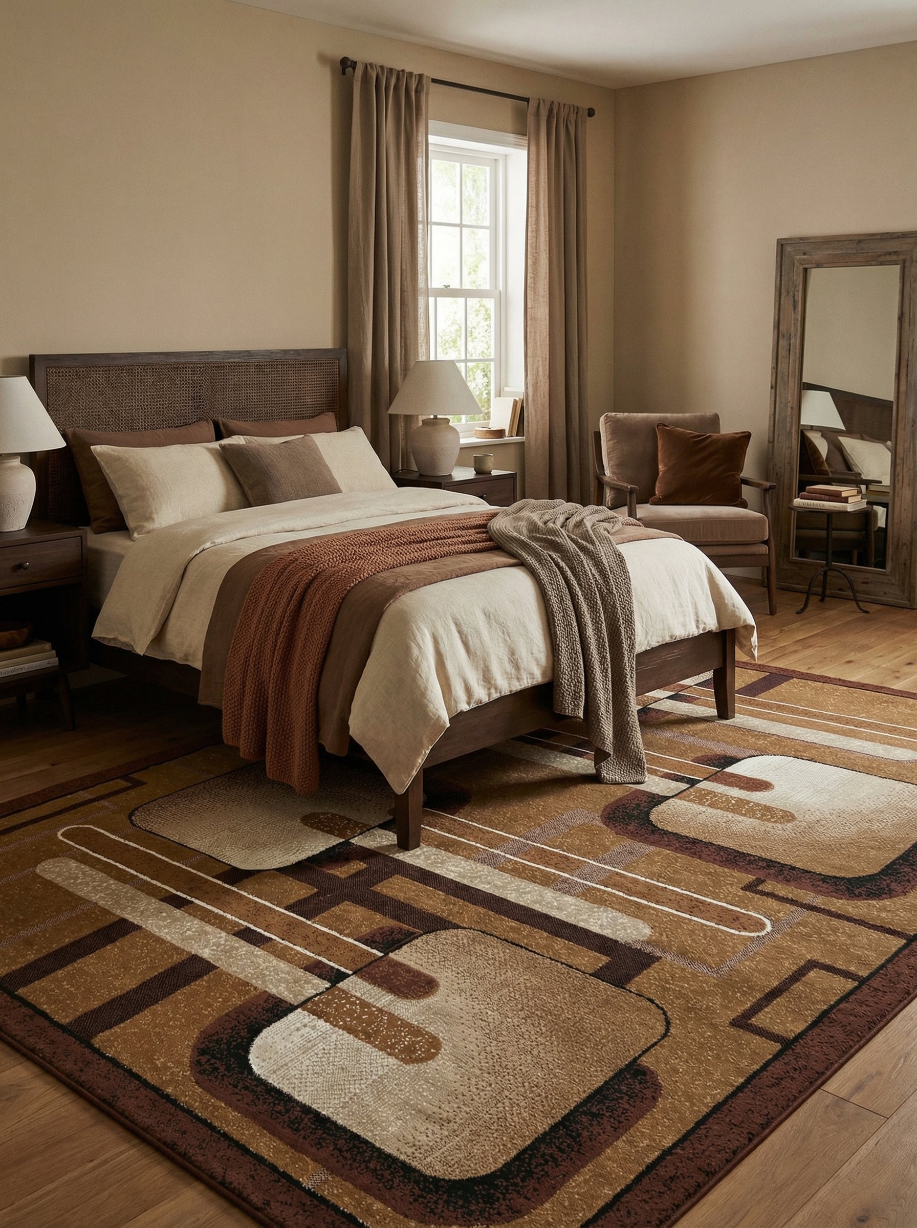 Tapis rectangulaire tissé aux motifs géométriques modernes marron, beige clair et blanc, posé sur le parquet d'une chambre