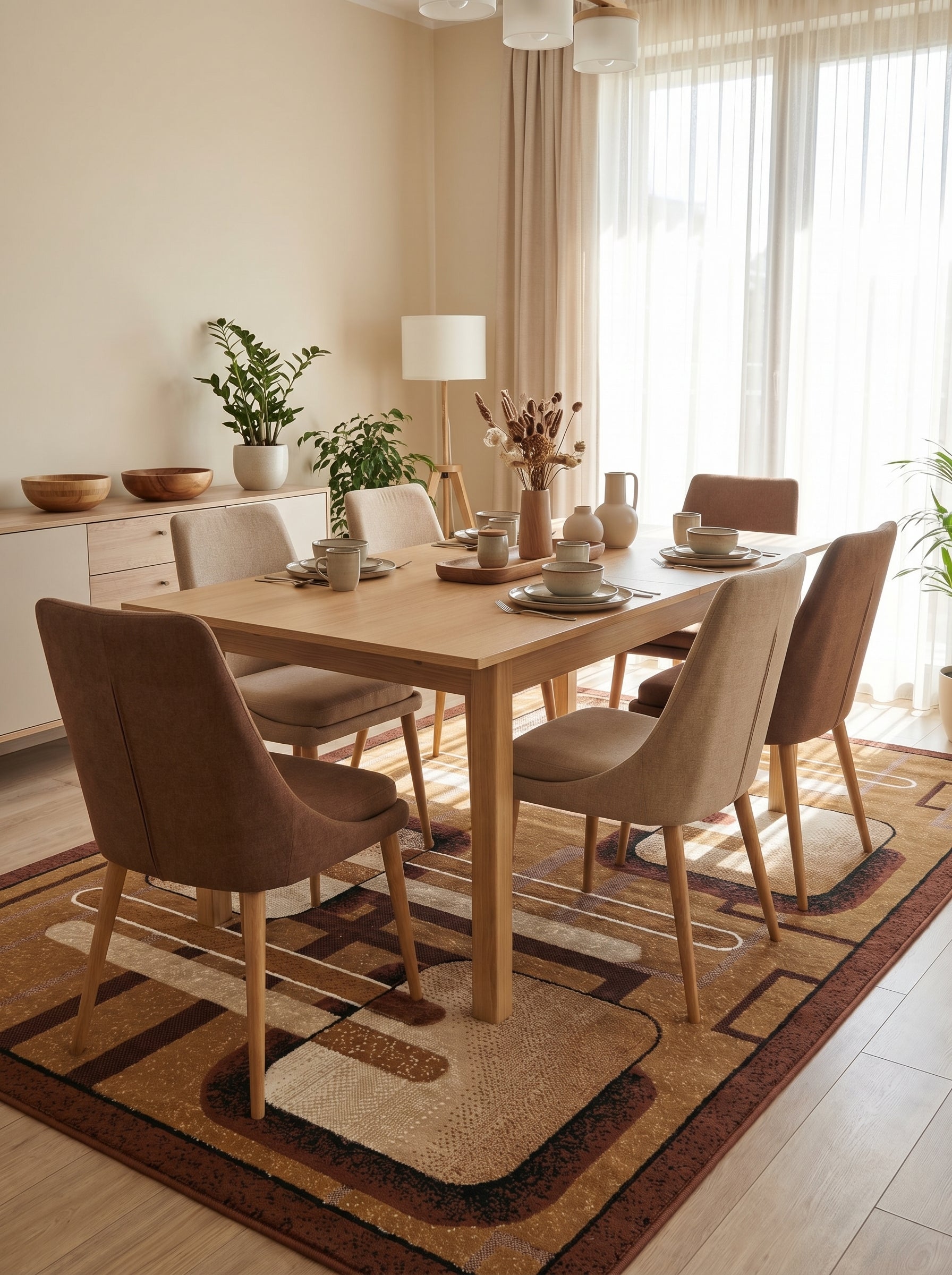 Tapis rectangulaire aux motifs géométriques marron, beige et crème sous une table à manger en bois dans un salon