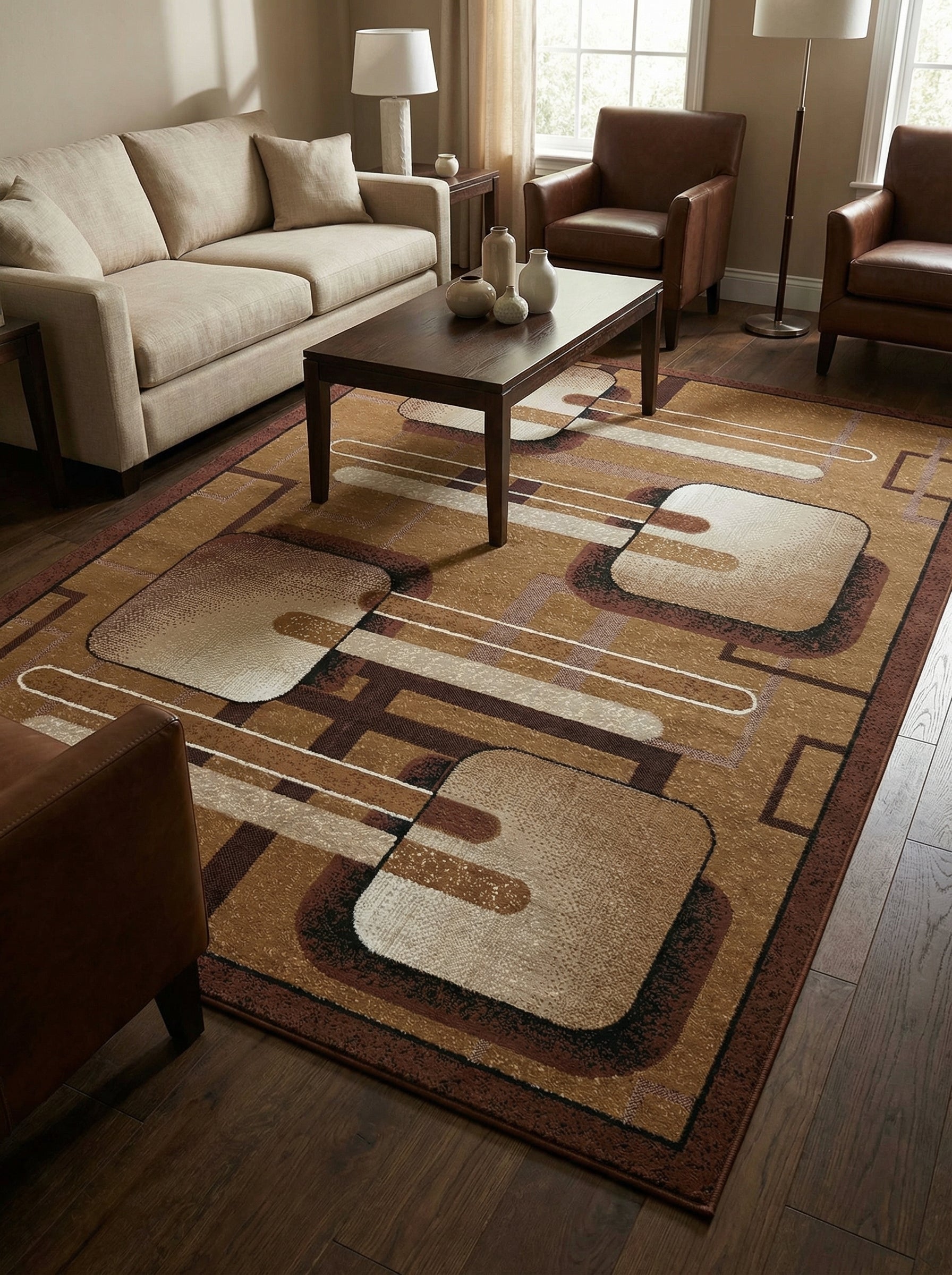 Tapis rectangulaire aux motifs géométriques de formes arrondies, couleurs beiges, marrons et crème, dans un salon moderne