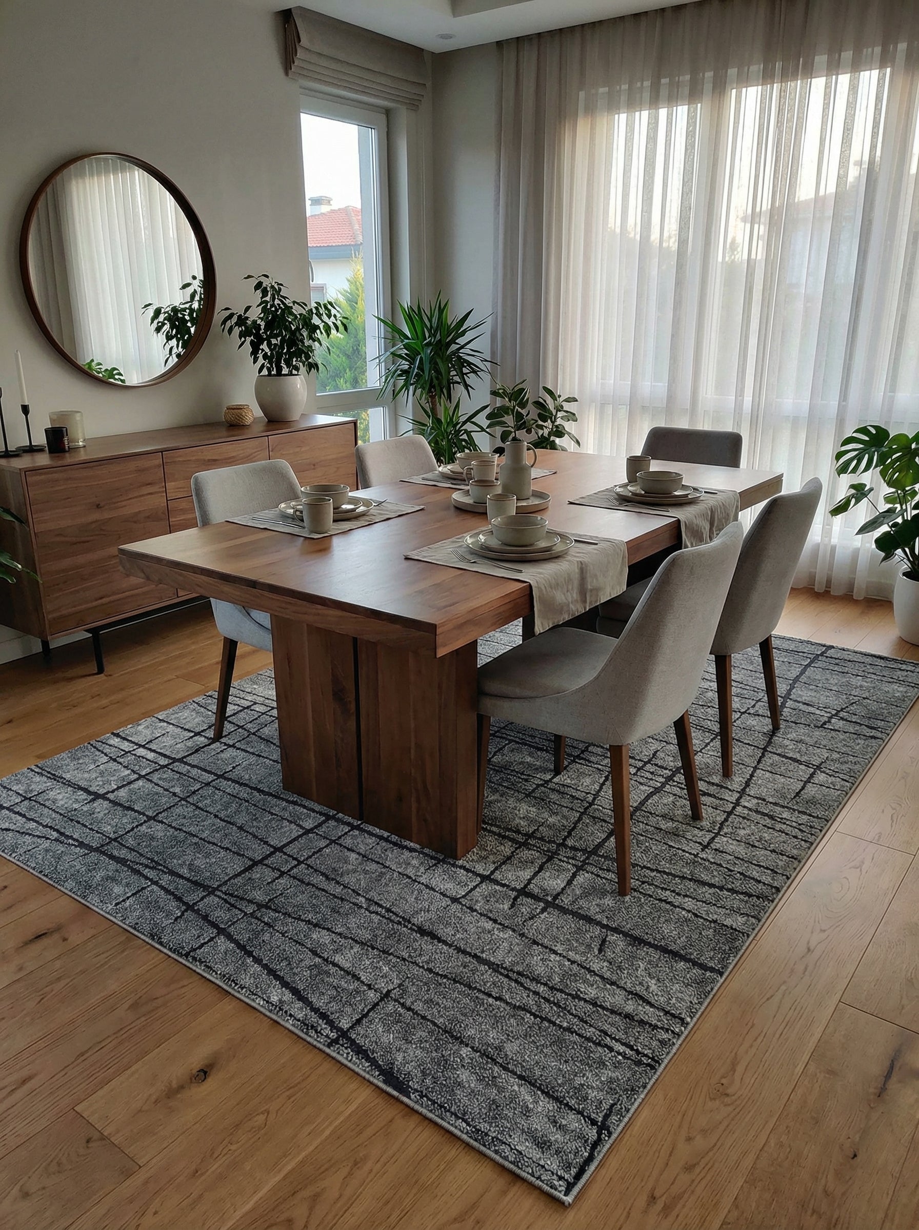 Tapis rectangulaire gris texturé avec des motifs de lignes noires abstraites et croisées, sous une table en bois d'une salle à manger moderne