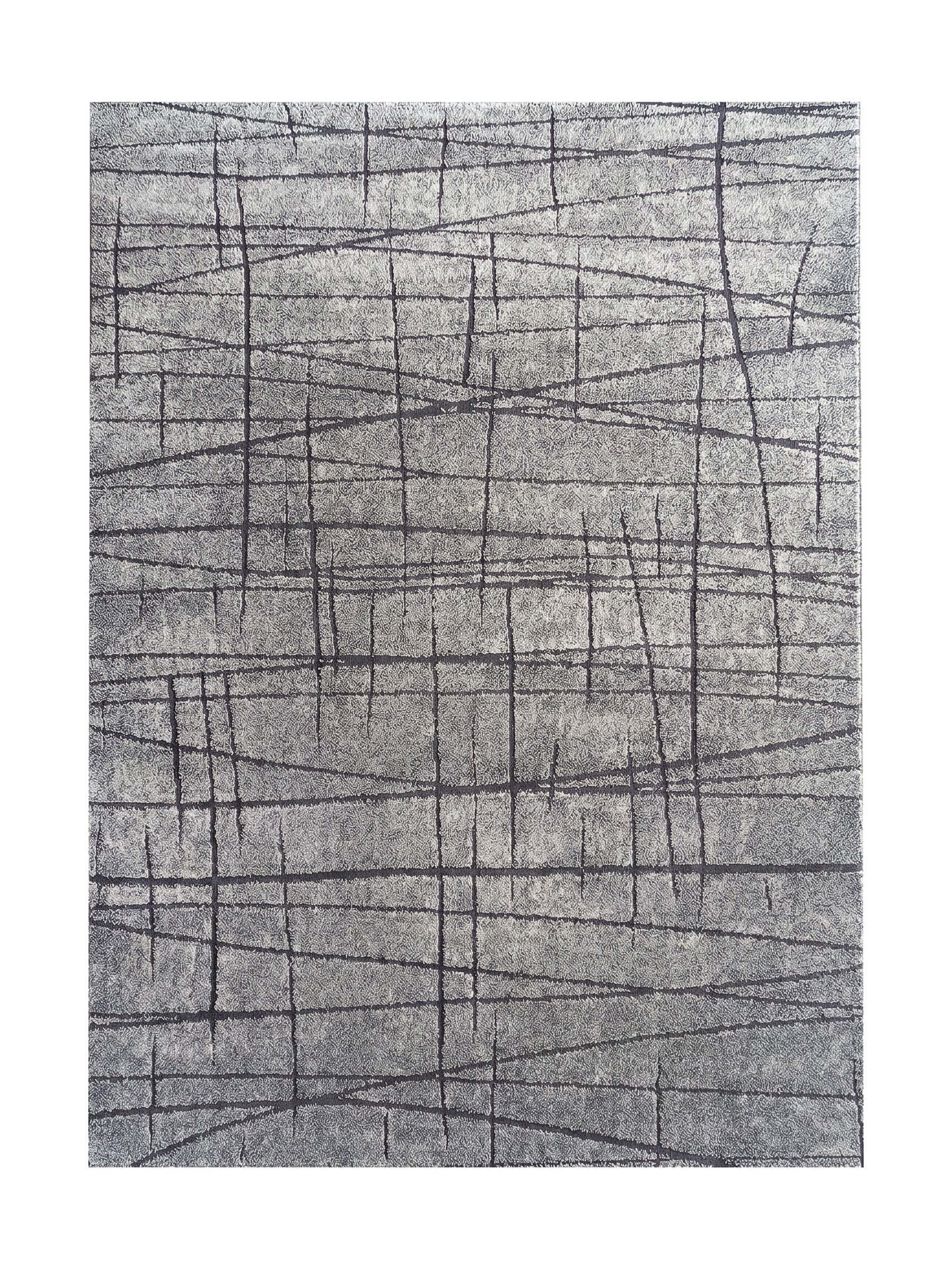 Tapis rectangulaire gris clair à la texture mouchetée, orné d'un motif abstrait de lignes foncées entrecroisées