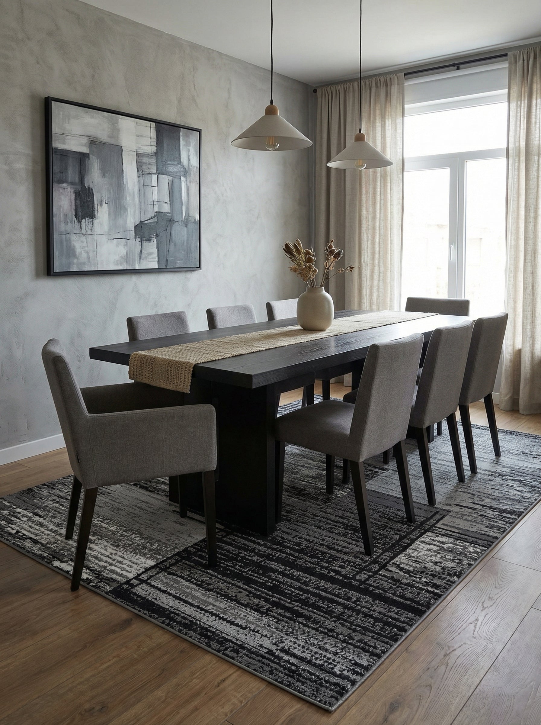 Tapis rectangulaire aux motifs abstraits gris, noirs et blancs, créant un effet texturé, posé dans une salle à manger contemporaine
