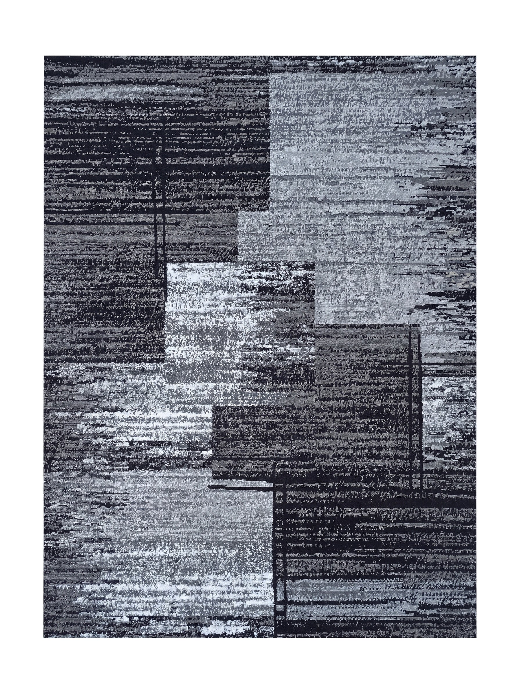 Tapis rectangulaire gris foncé et clair avec des motifs abstraits de blocs et de rayures texturées