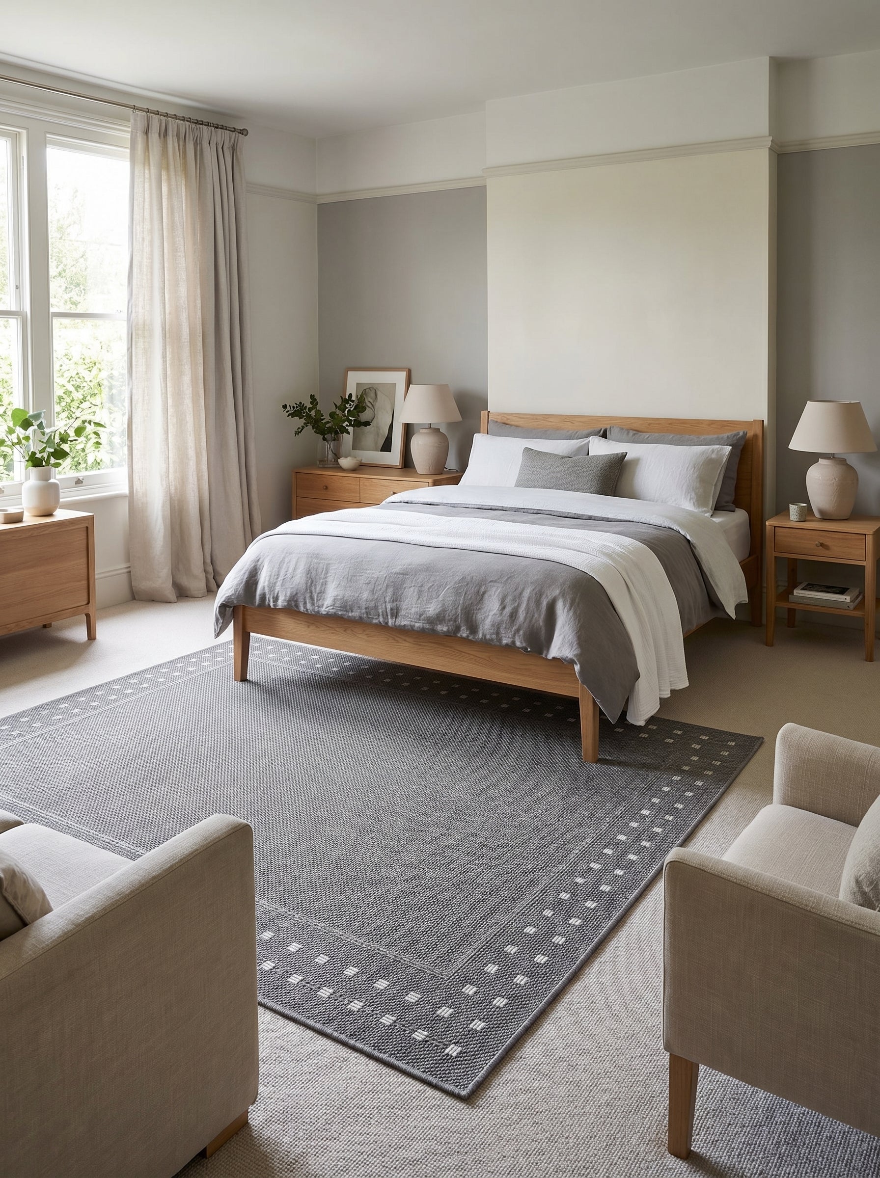 Tapis rectangulaire gris anthracite au tissage texturé, orné d'une bordure géométrique de petits rectangles blancs, dans une chambre