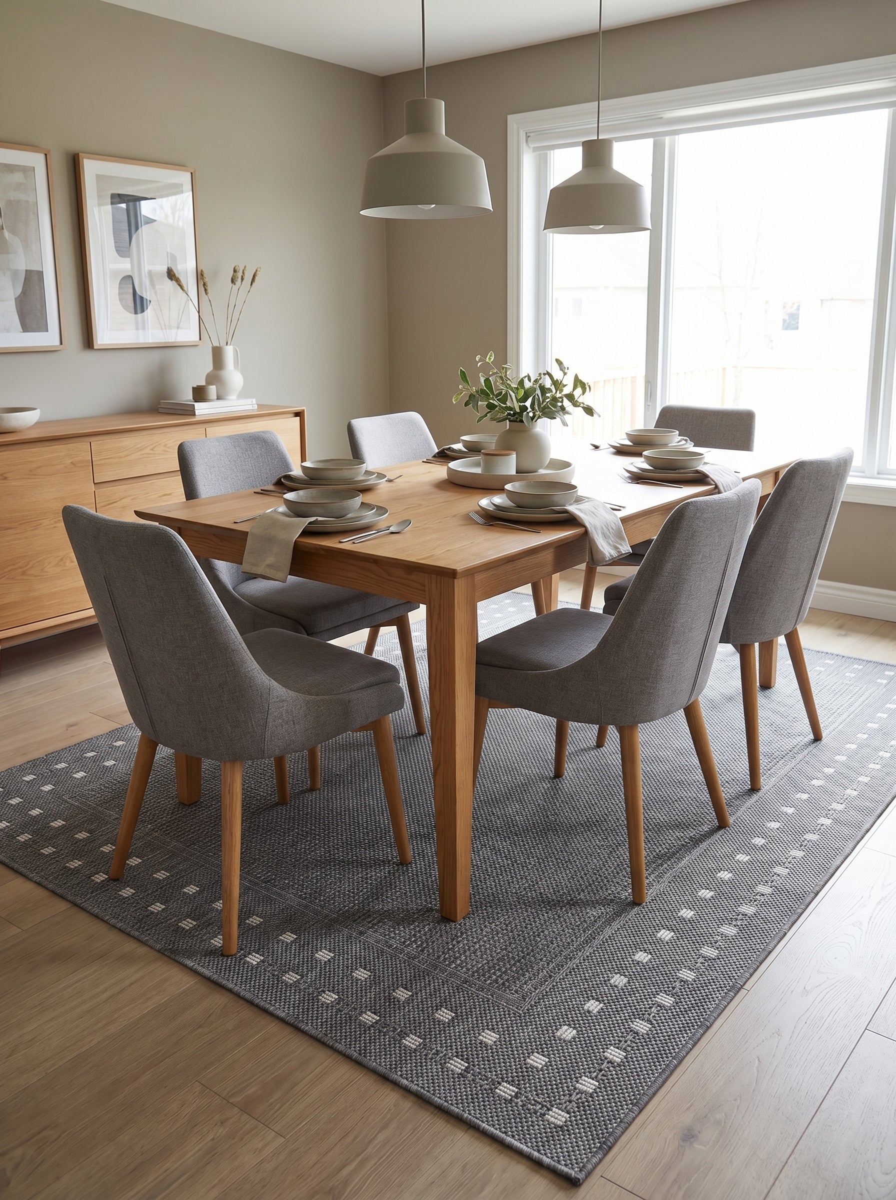 Grand tapis rectangulaire gris foncé à motifs géométriques de carrés blancs en bordure et sur la surface, dans une salle à manger