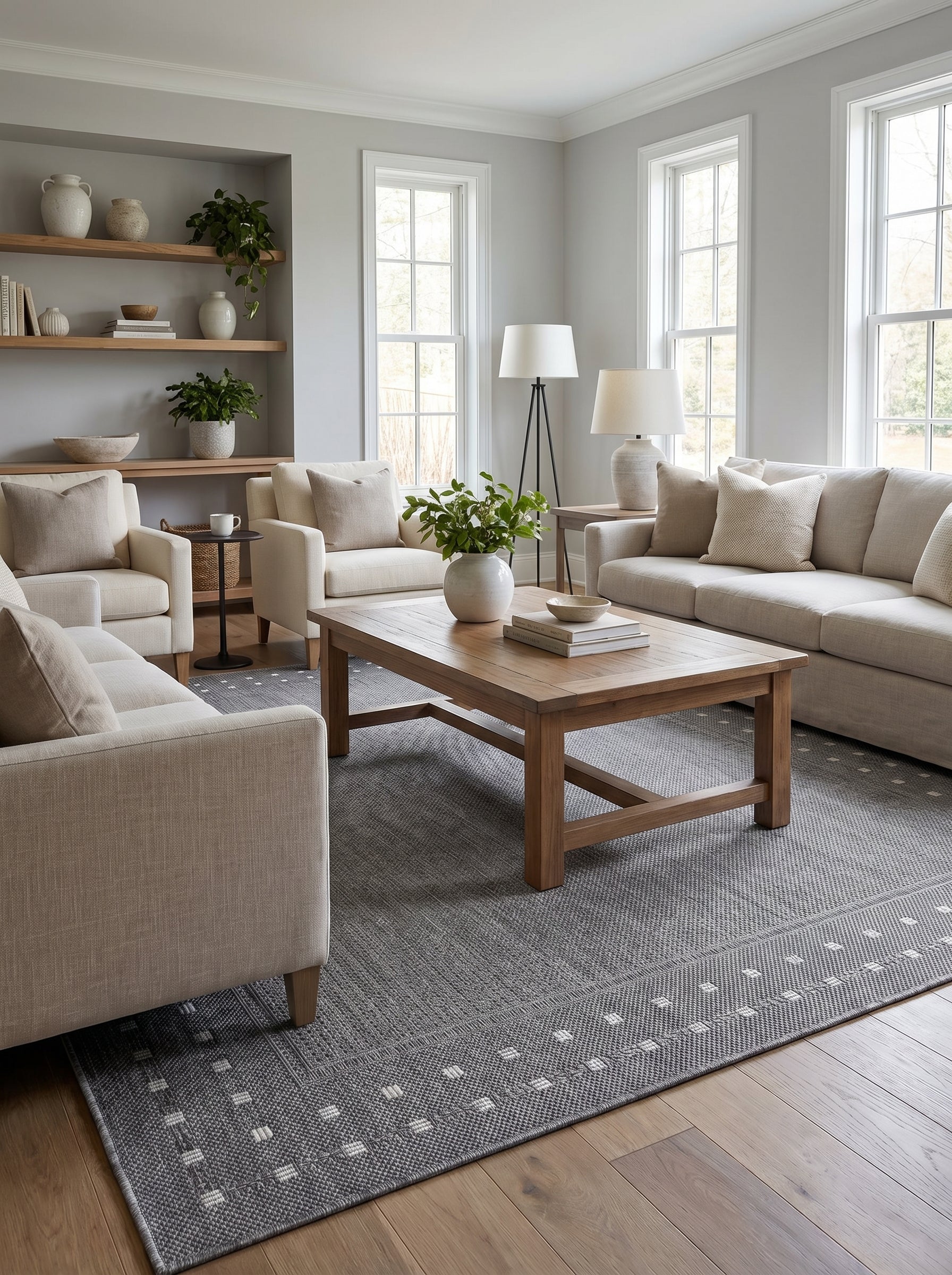Tapis rectangulaire tissé gris chiné, avec une bordure à motifs de petits carrés gris clair et de fines lignes, dans un salon