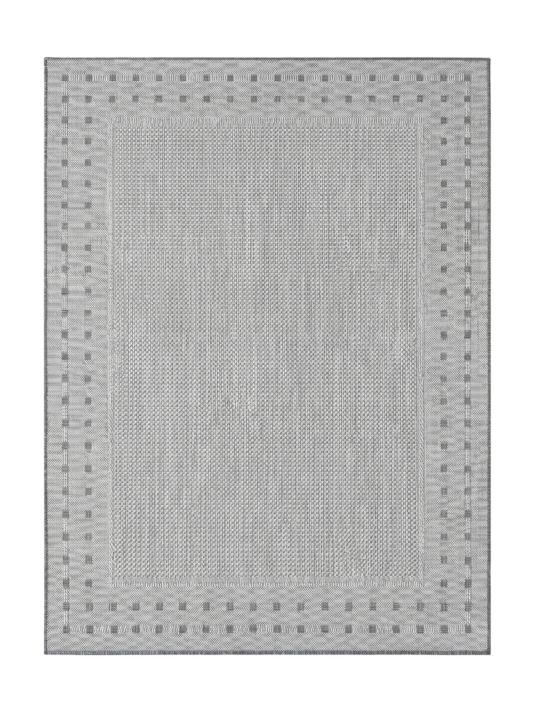 Tapis rectangulaire gris clair avec un motif central tissé discret et une bordure de carrés gris foncés