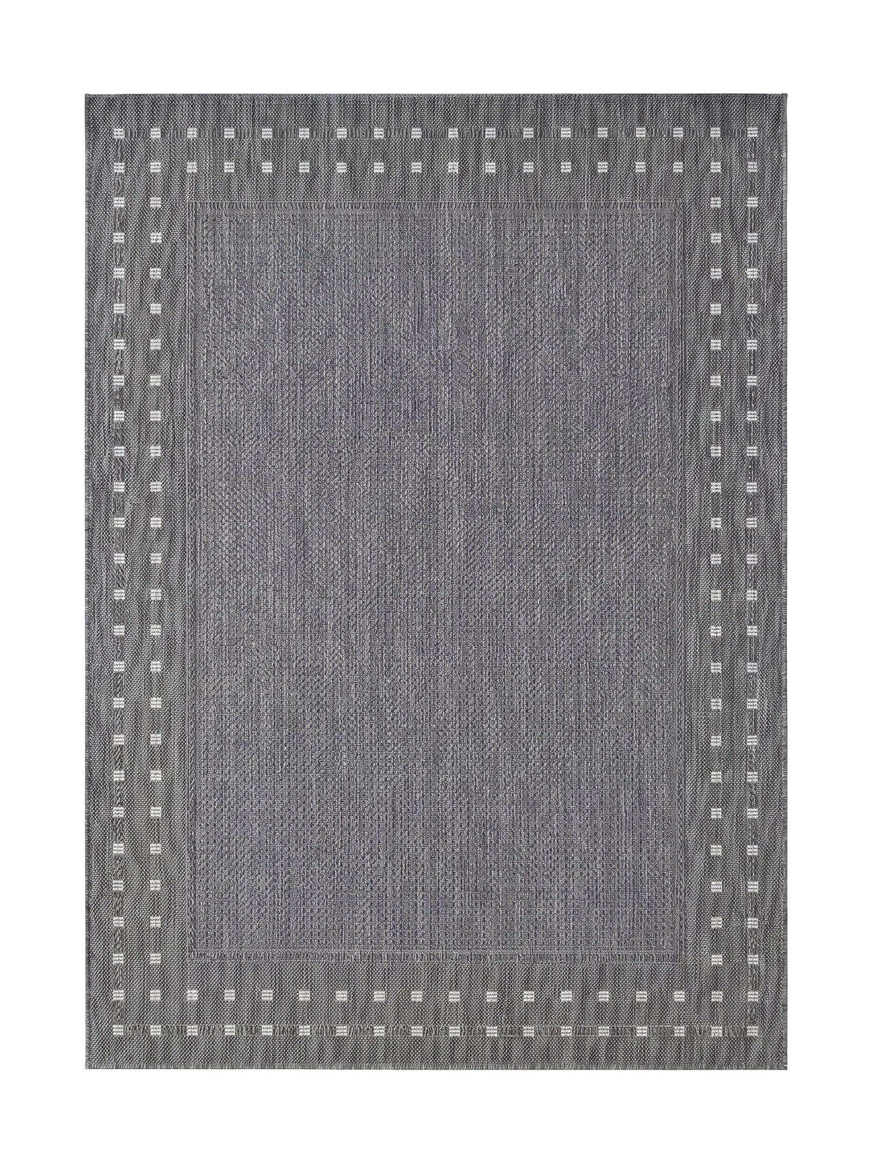 Tapis rectangulaire gris anthracite à la texture tissée, bordé d'un motif de petits carrés blancs en pointillés