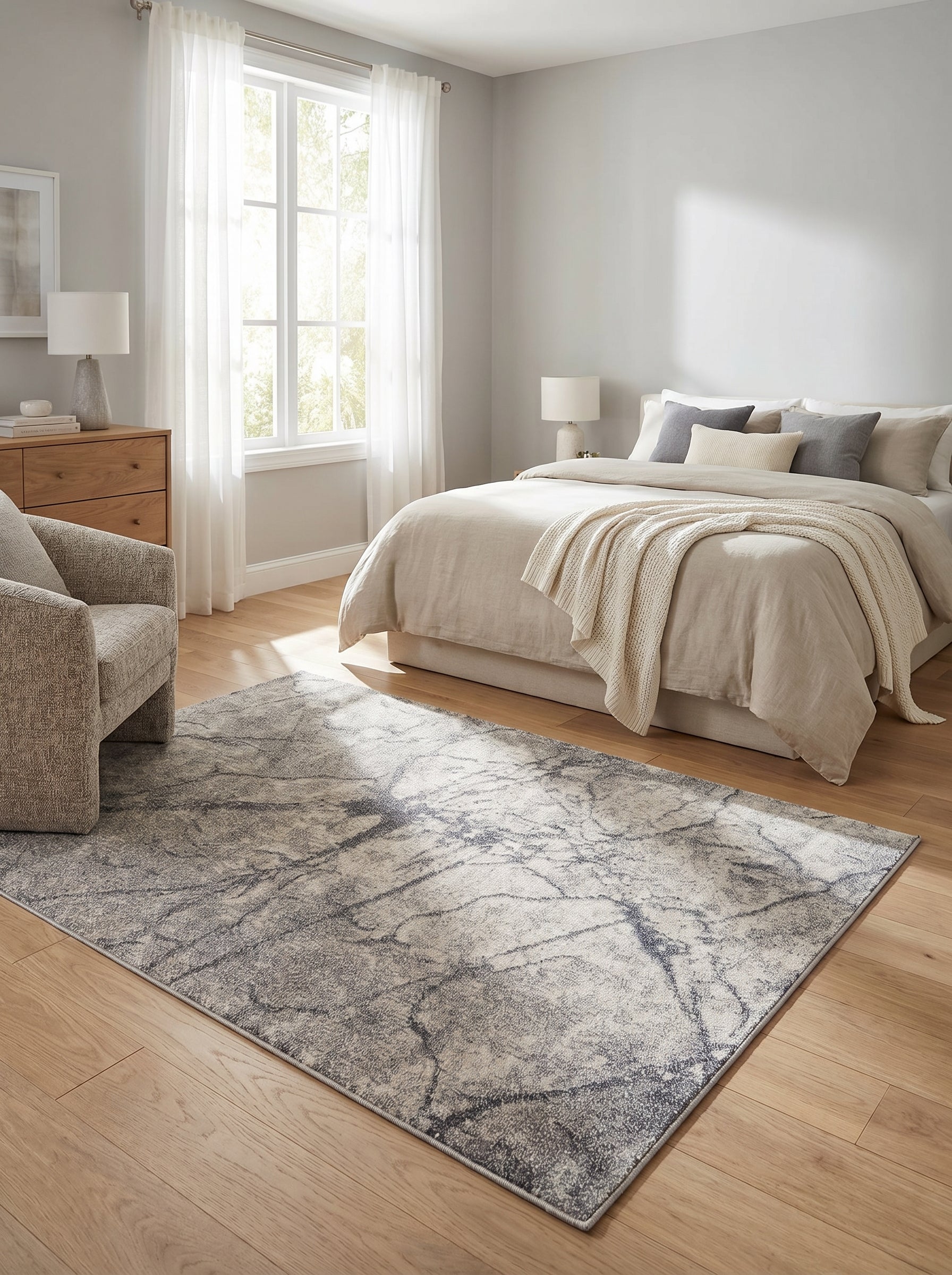 Tapis rectangulaire gris-beige aux motifs abstraits foncés d'apparence marbrée, posé sur un parquet clair dans une chambre