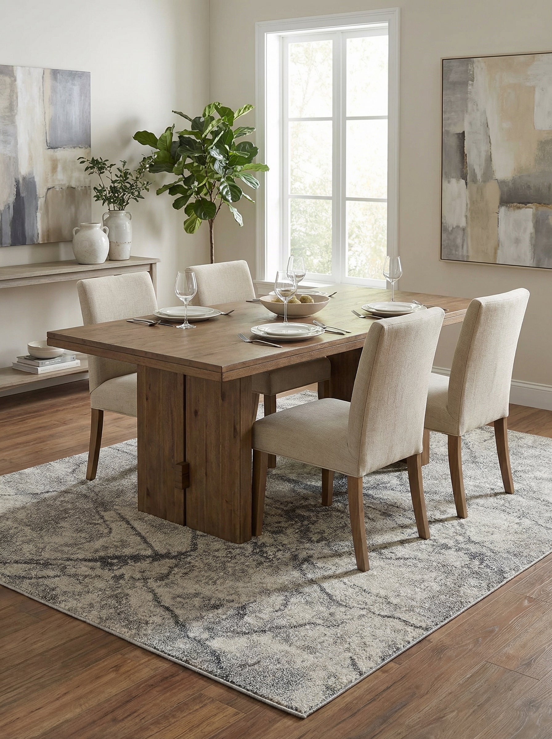 Tapis rectangulaire gris clair et blanc cassé aux motifs abstraits foncés, posé sur un parquet dans une salle à manger
