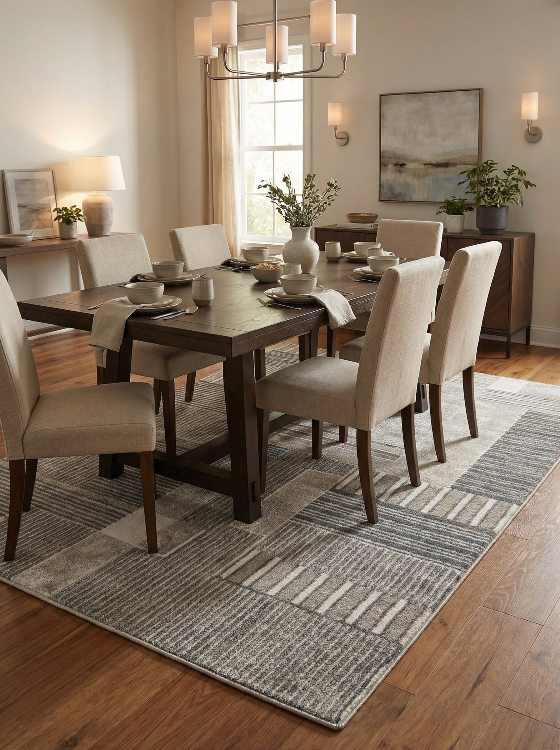 Tapis rectangulaire en tissu, motif géométrique de blocs rayés et unis en gris, beige et crème, dans une salle à manger