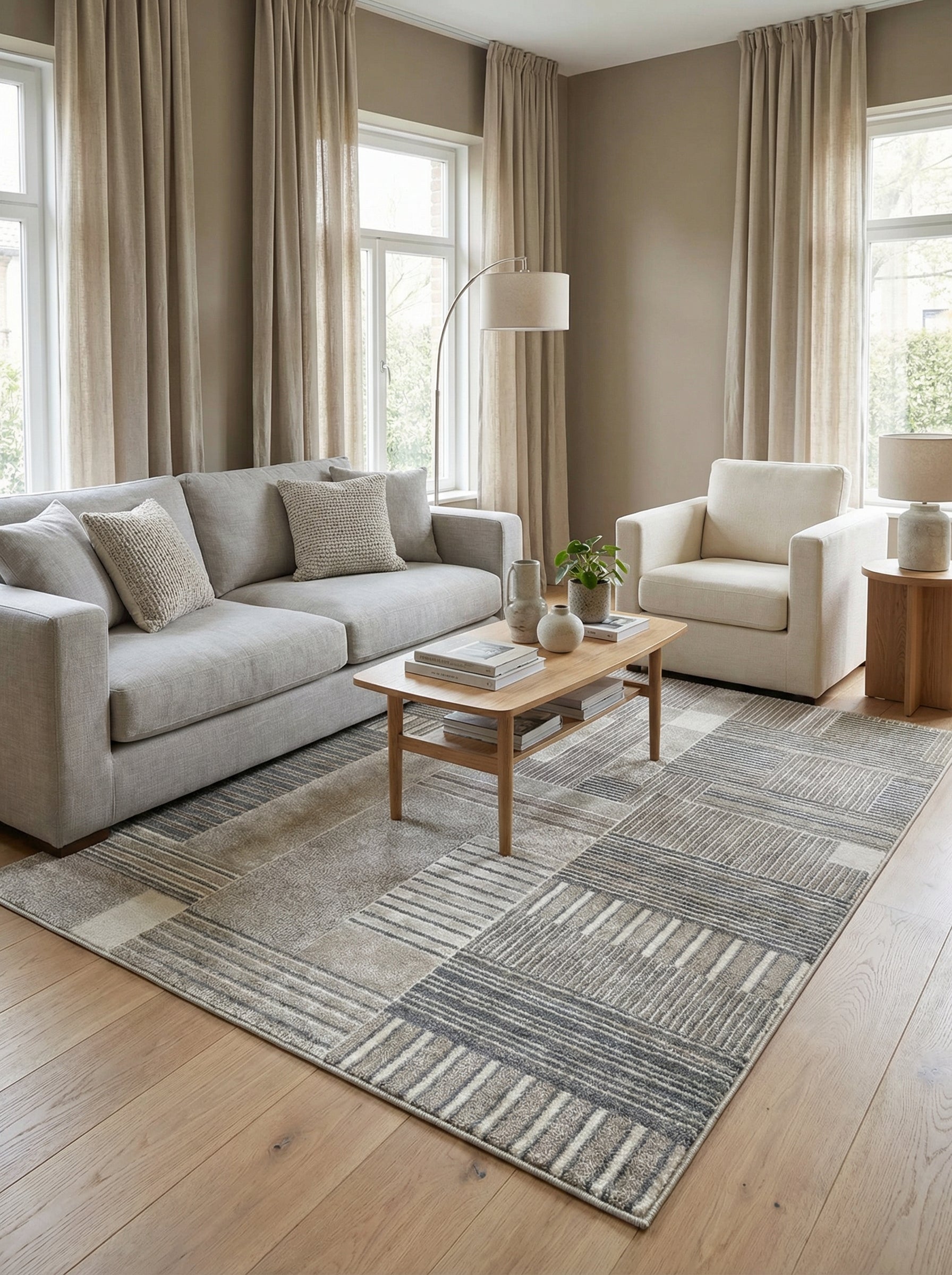Tapis rectangulaire aux motifs géométriques abstraits gris, beige et blanc cassé, posé sur un parquet clair dans un salon moderne