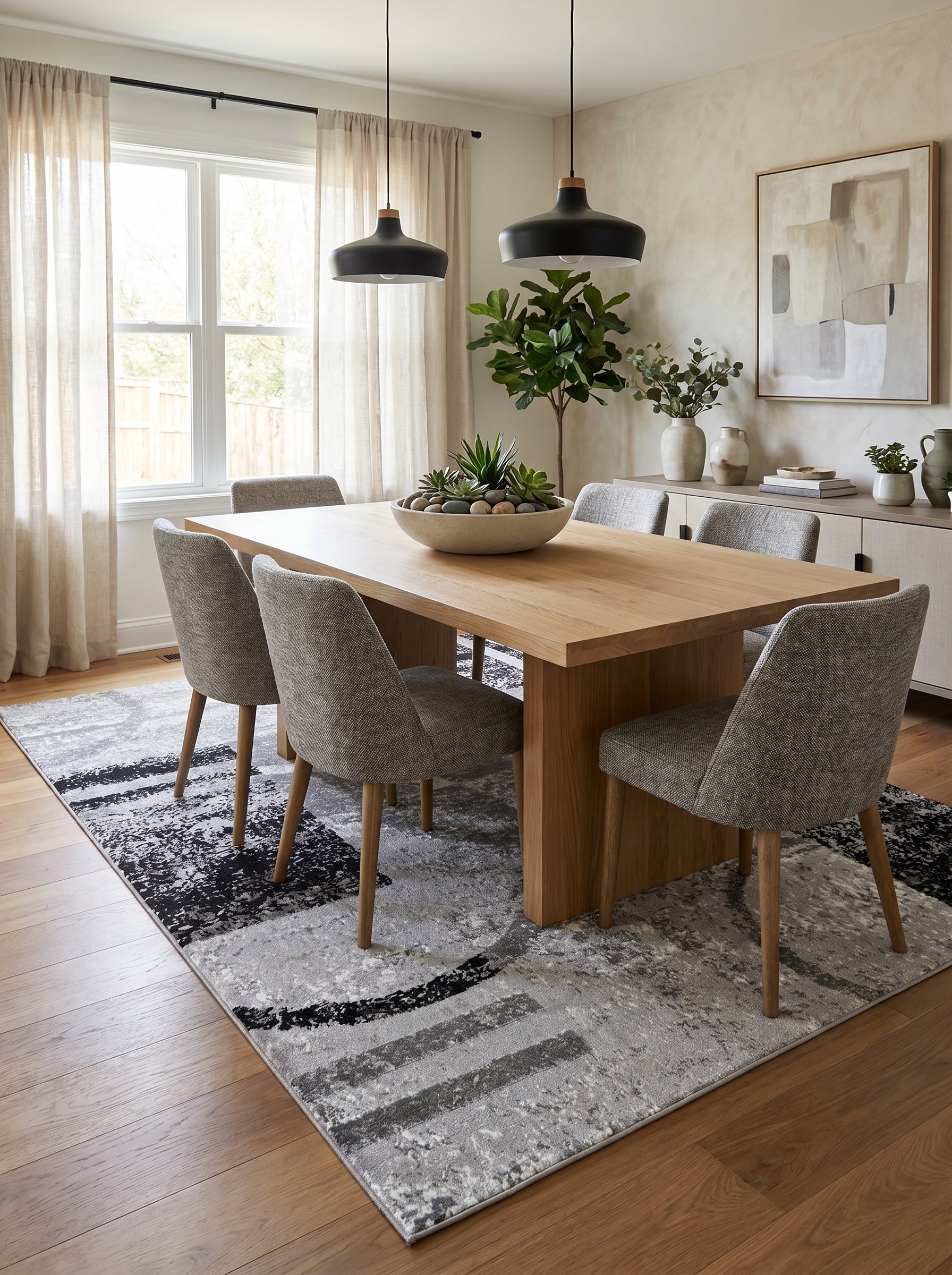 Tapis rectangulaire gris clair, gris foncé et noir aux motifs abstraits délavés, placé dans une salle à manger