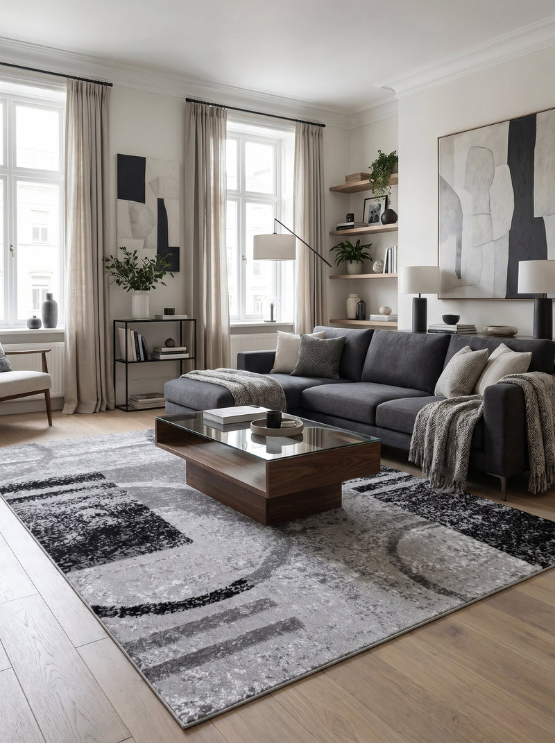 Vloerkleed met korte pool, abstracte motieven in grijstinten en zwart met een vervaagde look in een moderne woonkamer