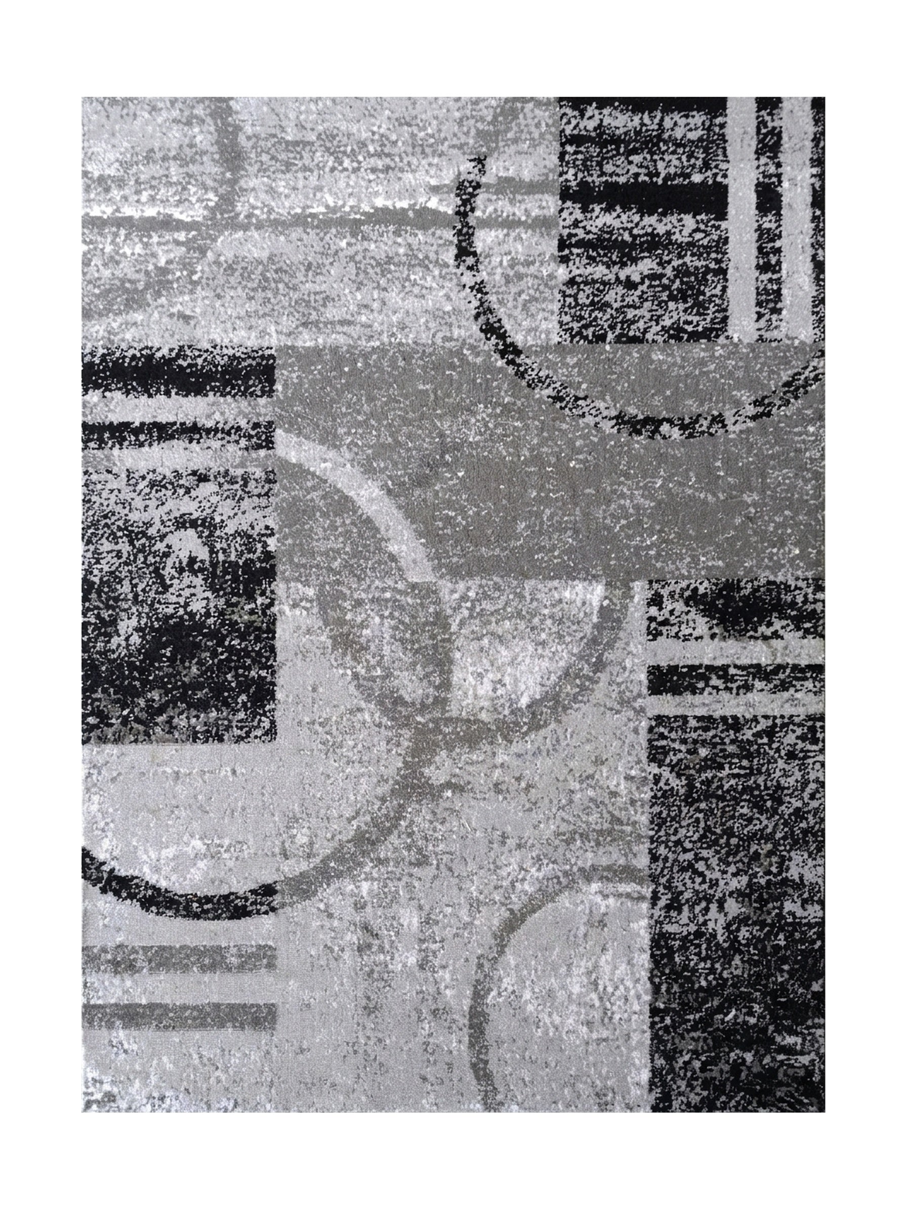 Tapis aux motifs abstraits noirs, gris foncés et gris clairs, fait de blocs, rayures et courbes, avec une texture mouchetée