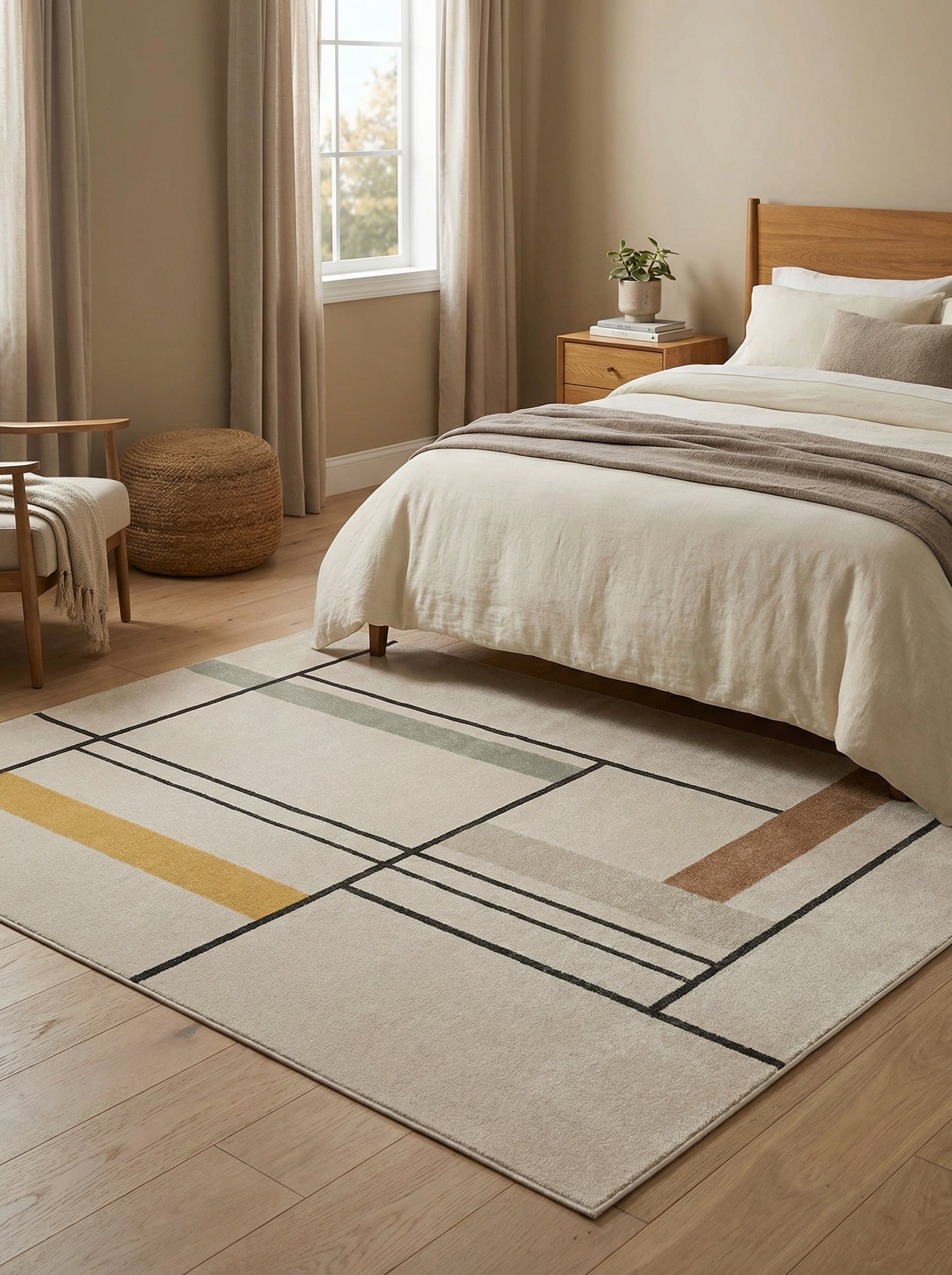 Tapis rectangulaire beige clair avec motifs géométriques de lignes noires et blocs de couleurs jaune, gris et marron dans une chambre