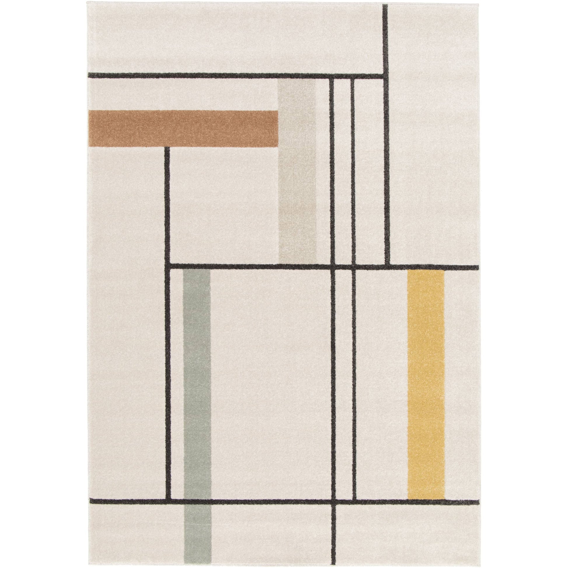 Tapis crème à motifs géométriques avec des lignes noires et des blocs de couleur camel, jaune et gris clair