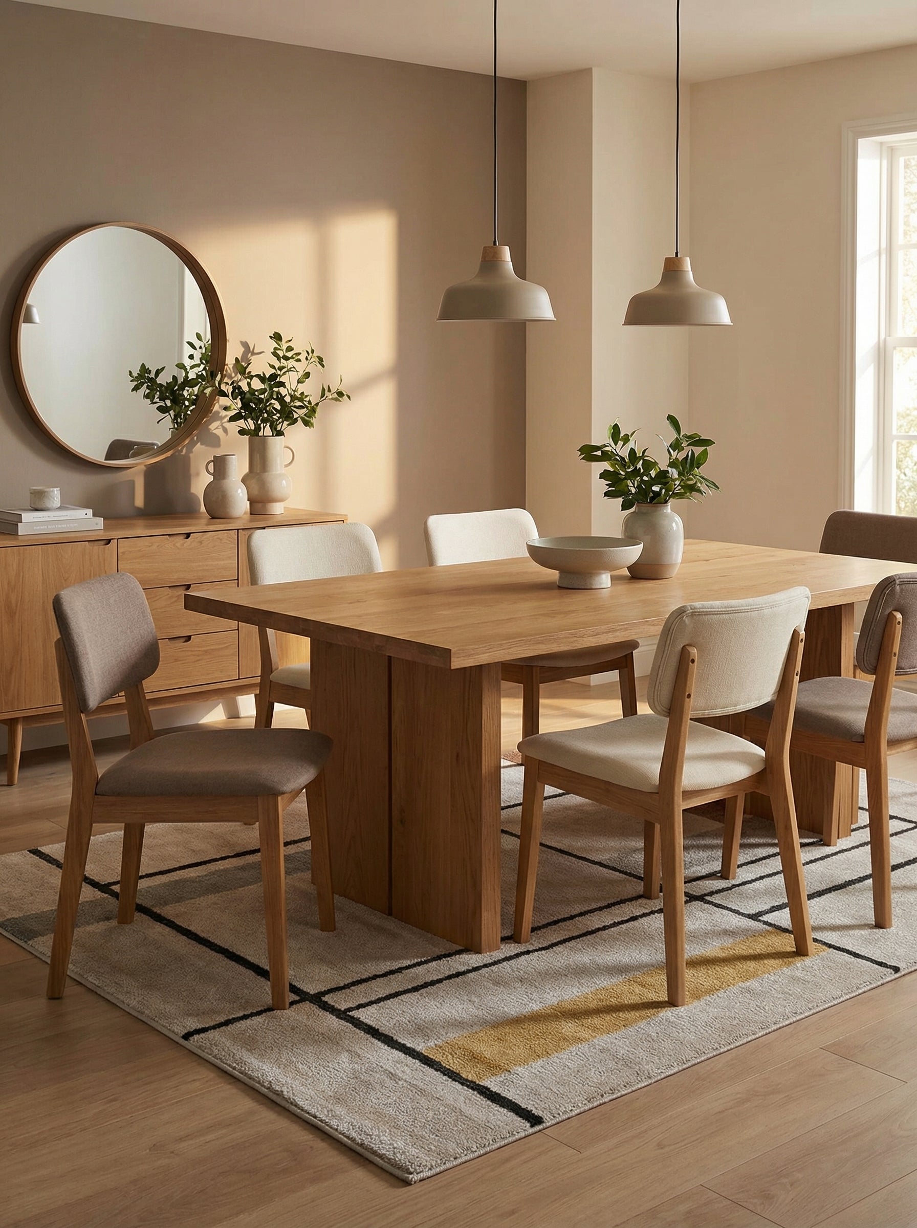 Tapis rectangulaire beige clair à motifs géométriques noirs et bande jaune moutarde, posé sous une table de salle à manger