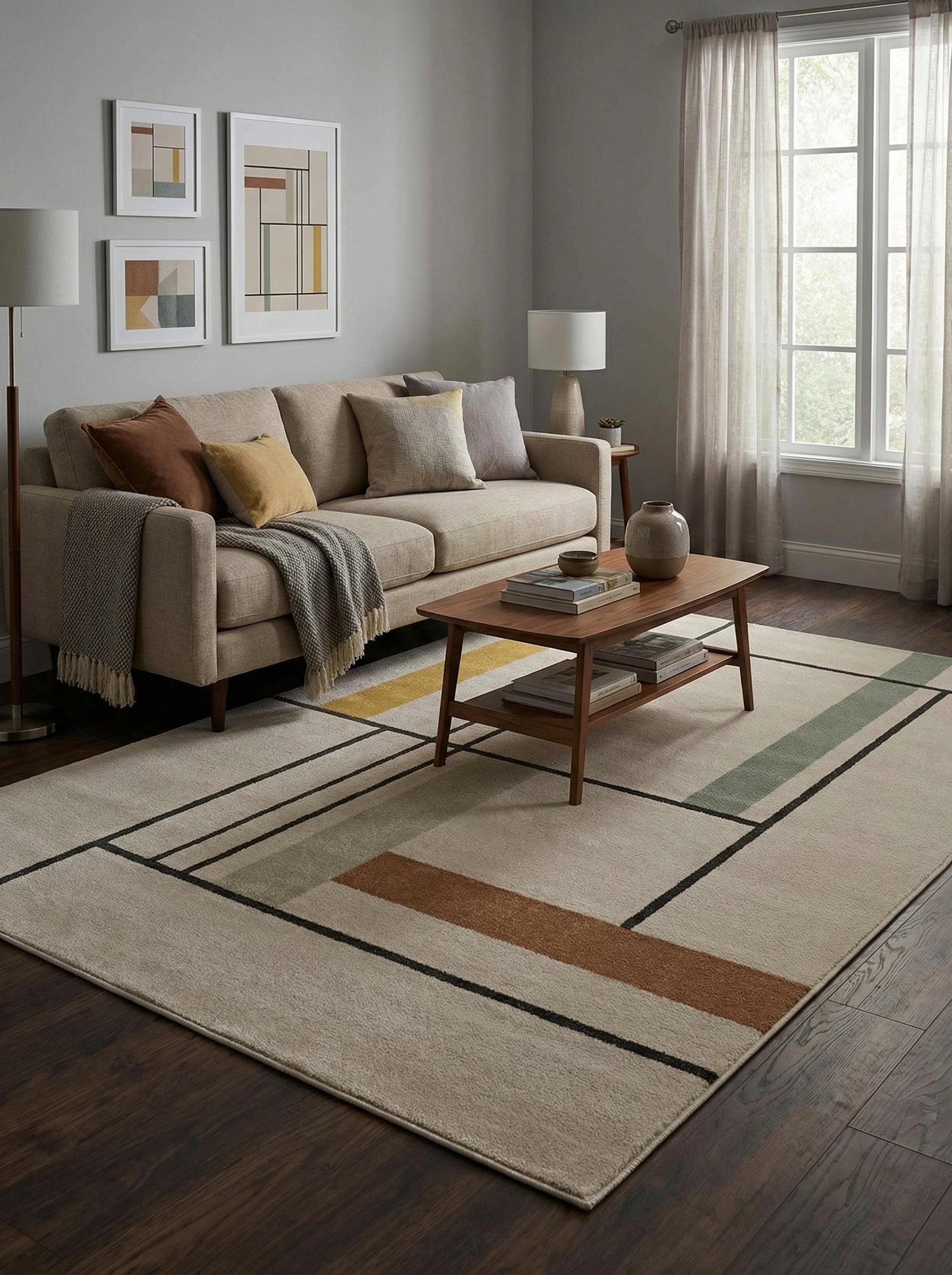 Tapis rectangulaire à motifs géométriques crème, jaune, marron, vert et lignes noires, sur un sol en bois dans un salon