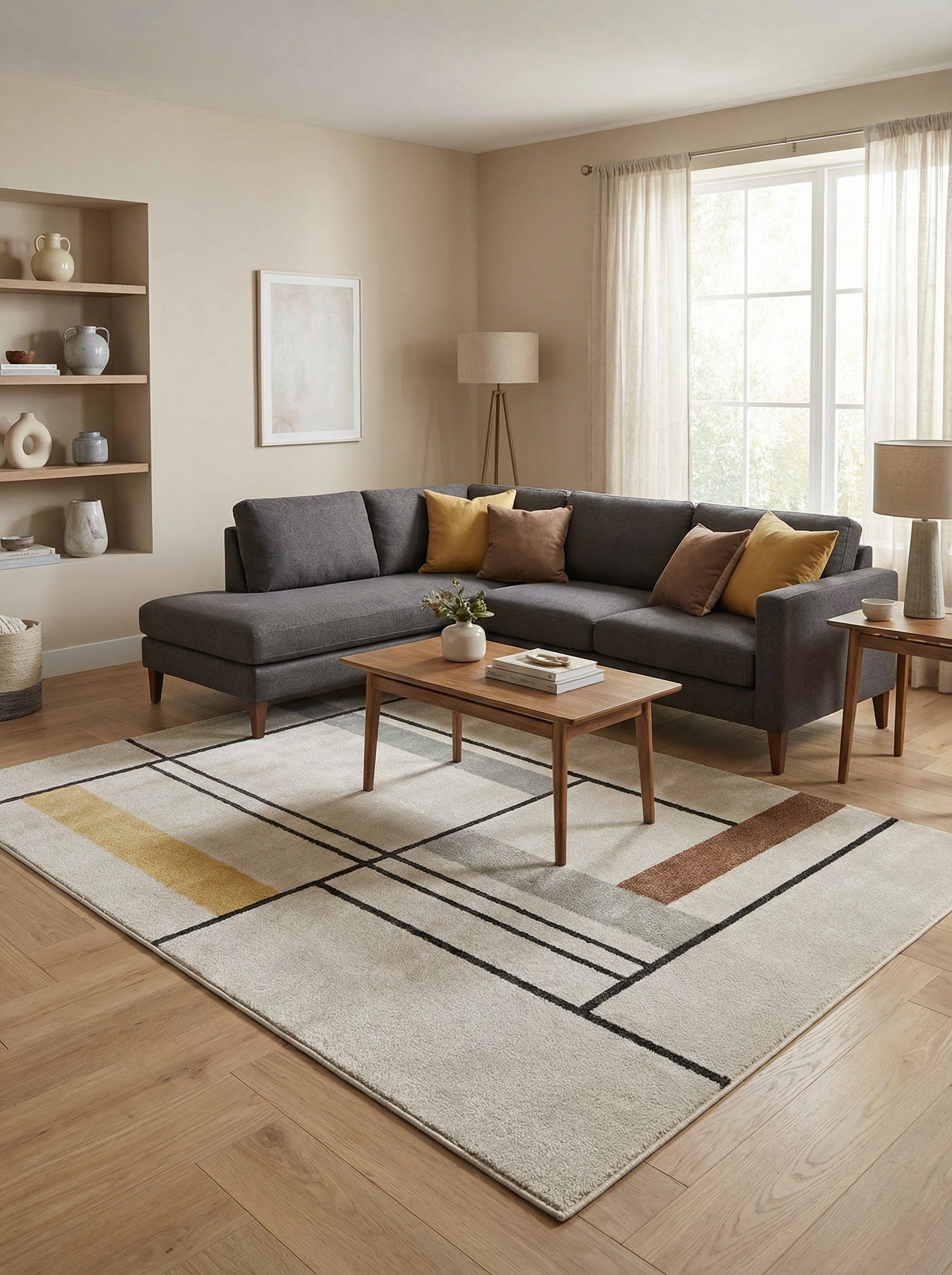Tapis rectangulaire à poils courts, beige clair avec motifs géométriques noirs, jaunes, bruns et gris, posé dans un salon moderne