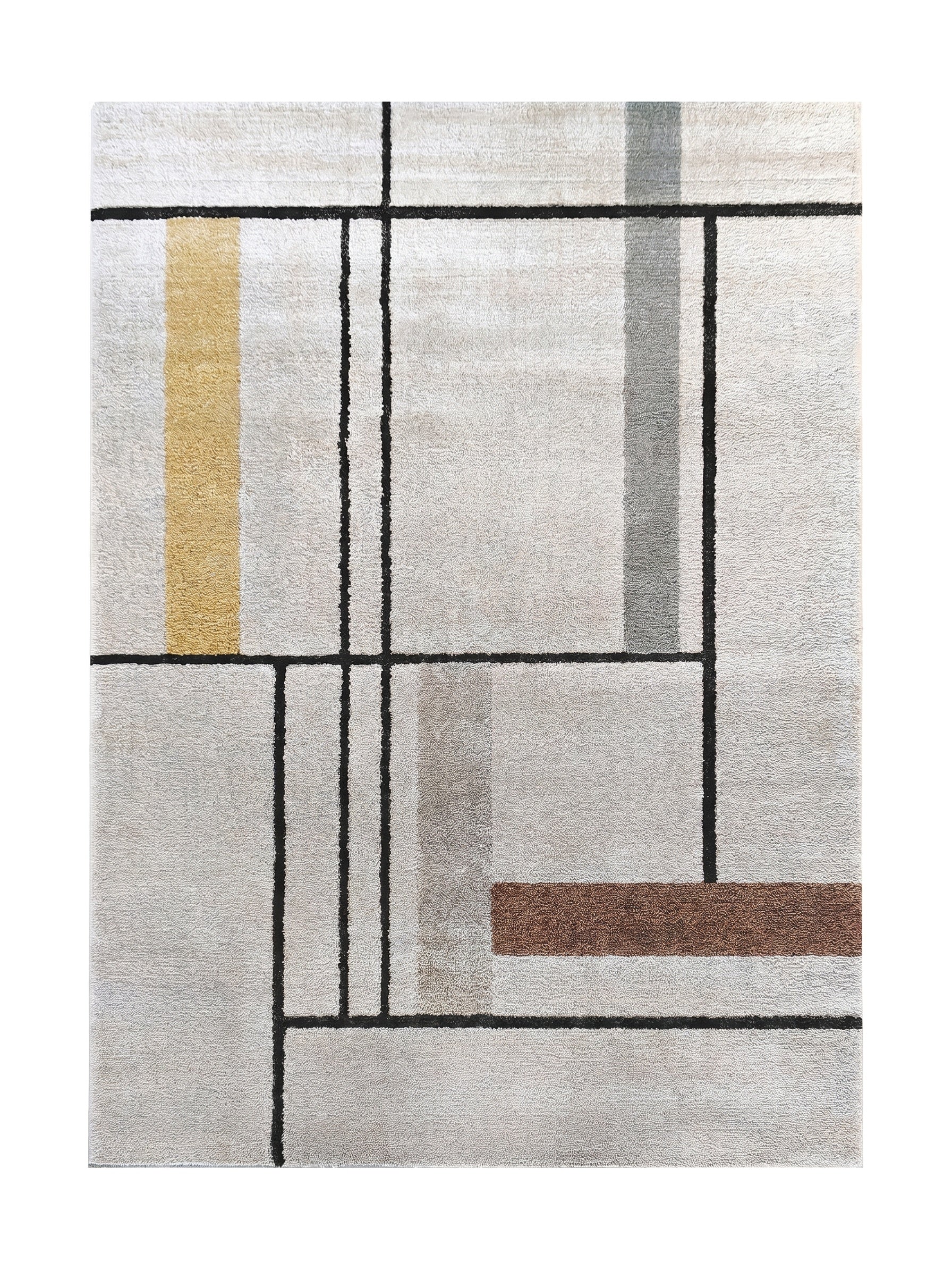 Un tapis beige texturé avec un motif géométrique abstrait composé de lignes noires et de blocs jaune, gris et marron