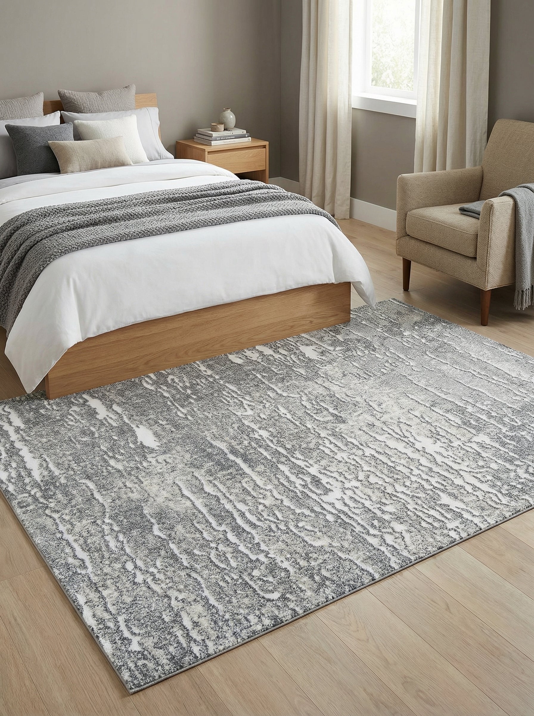 Tapis rectangulaire gris et blanc aux motifs abstraits et striés, comme un effet brossé ou usé, sur un parquet clair dans une chambre