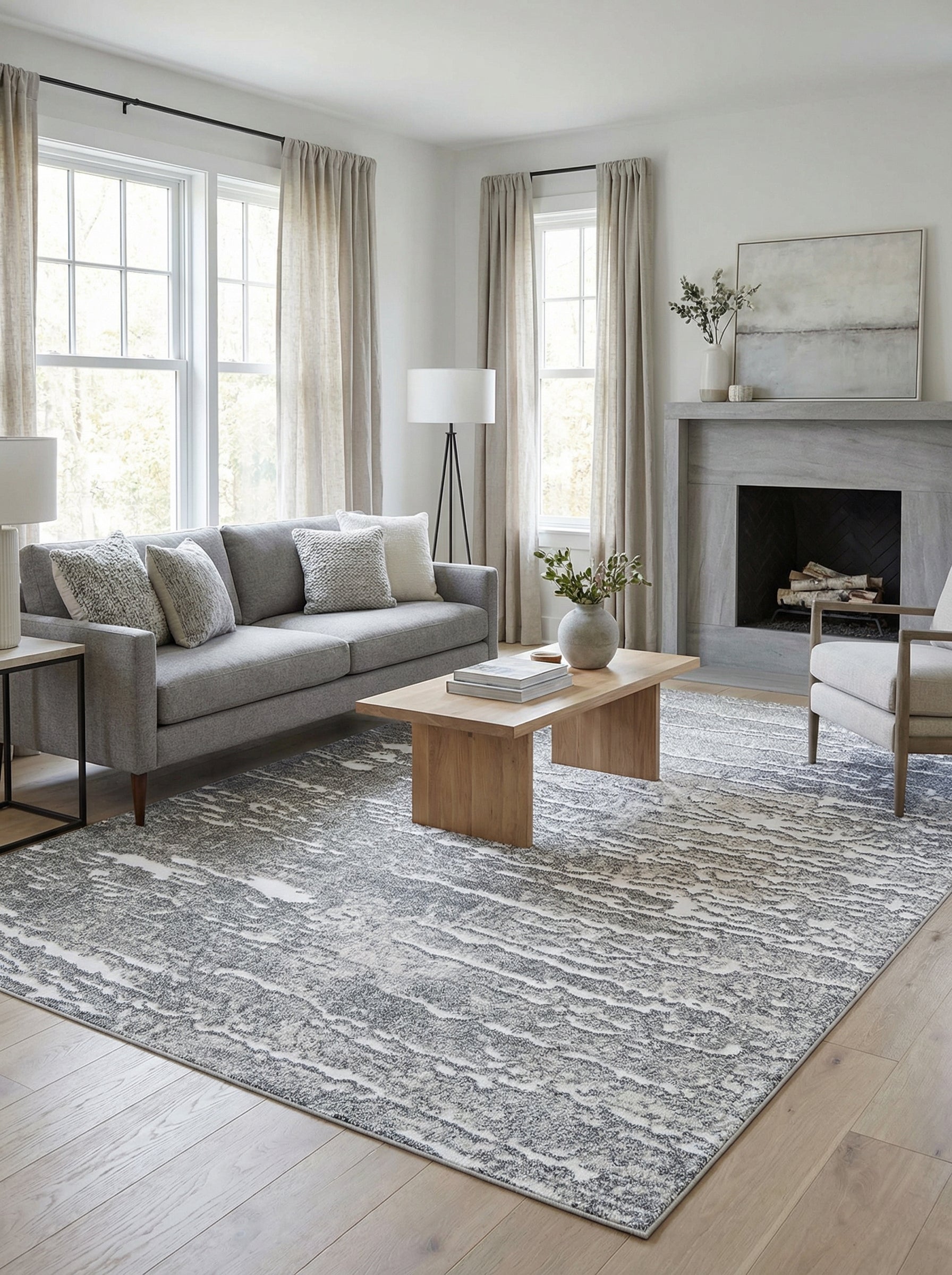 Tapis rectangulaire aux motifs abstraits gris foncé et blanc, texturé, posé sur un parquet clair dans un salon moderne